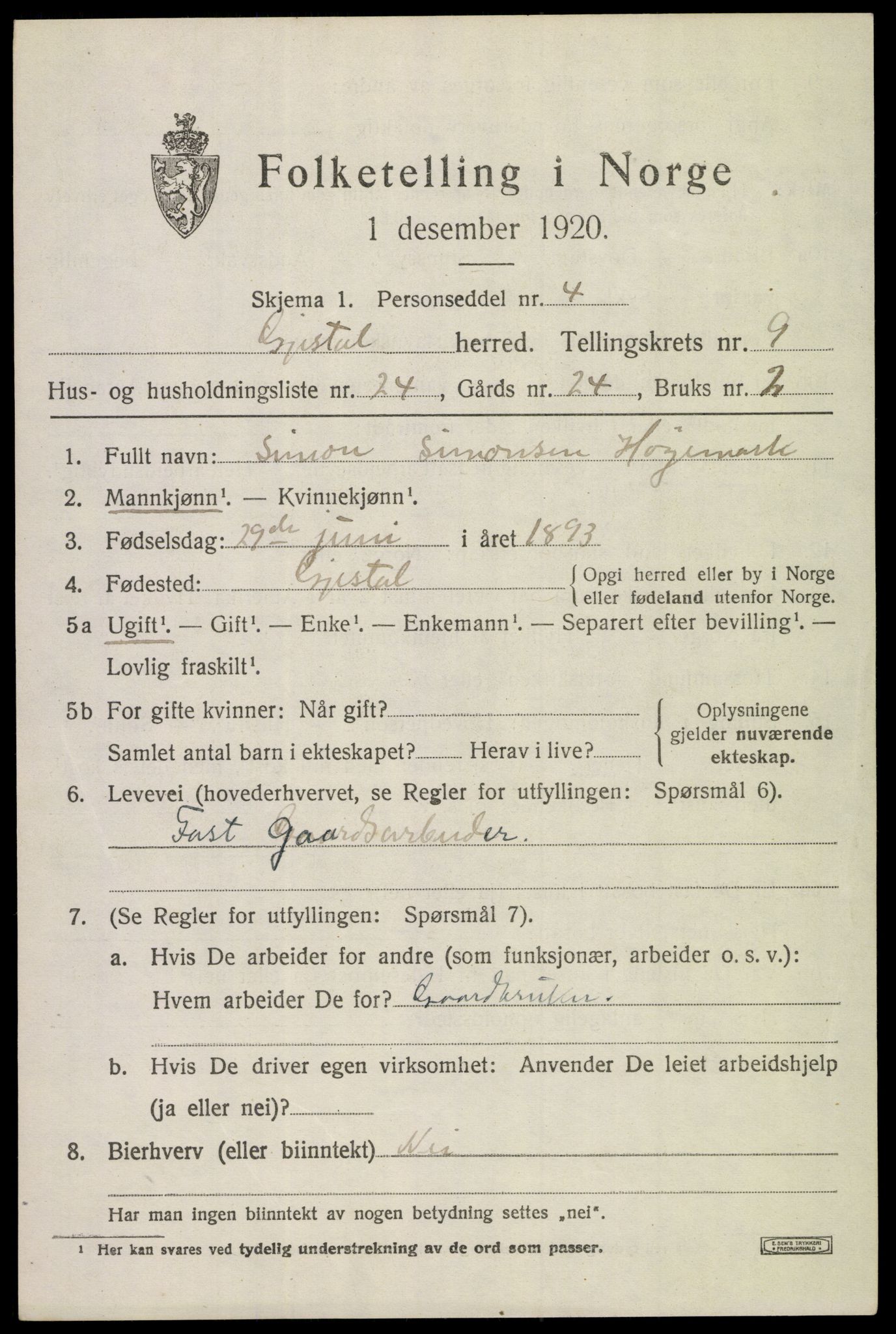 SAST, 1920 census for Gjesdal, 1920, p. 4568