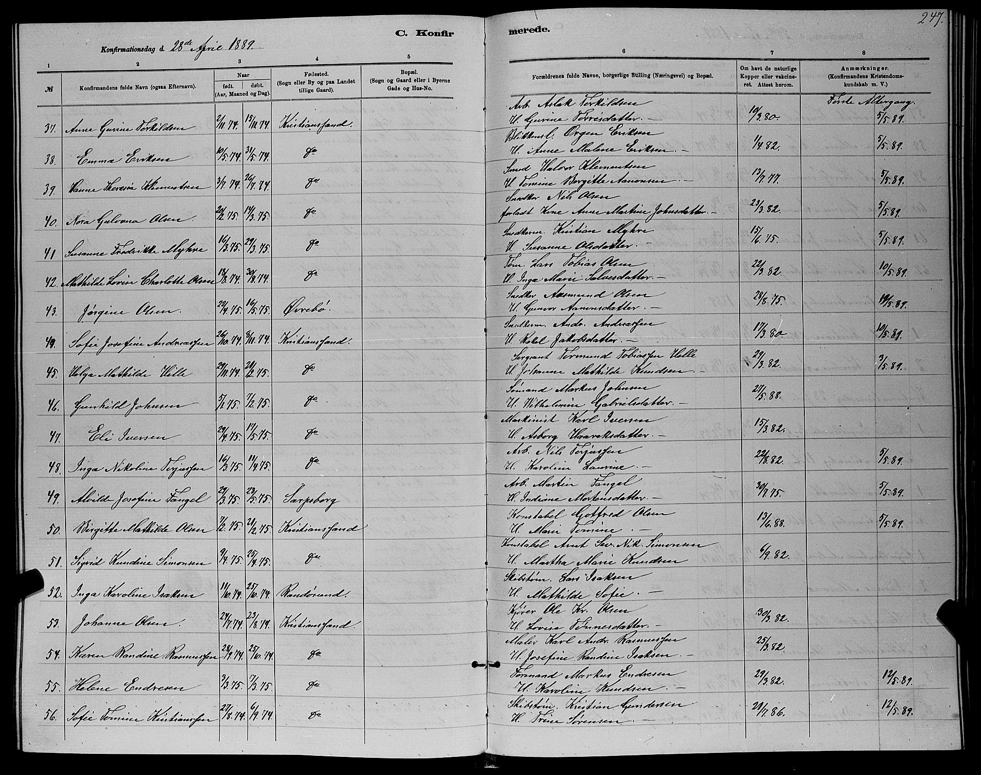 Kristiansand domprosti, AV/SAK-1112-0006/F/Fb/L0016: Parish register (copy) no. B 16, 1881-1893, p. 247