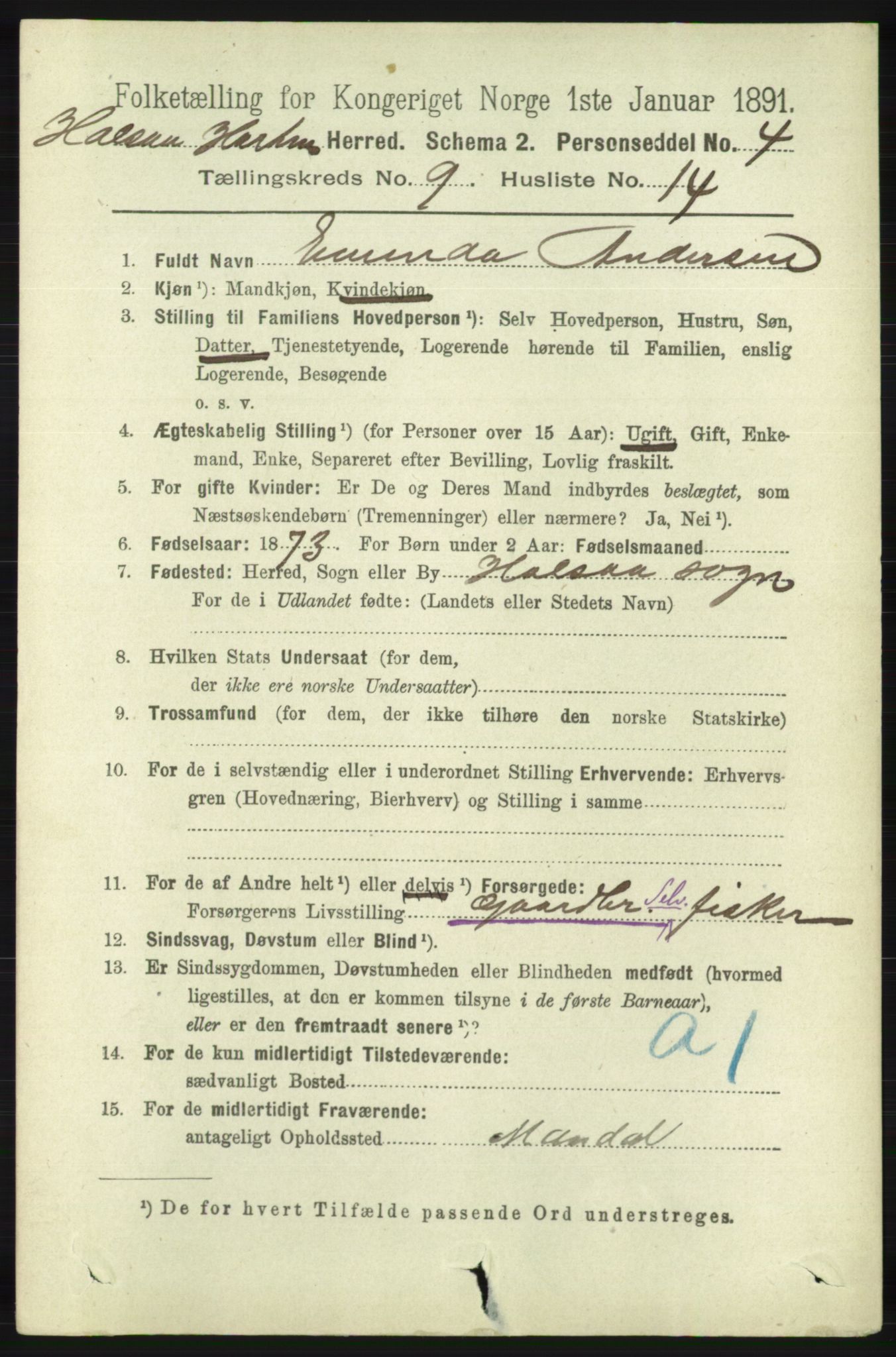 RA, 1891 census for 1019 Halse og Harkmark, 1891, p. 3700