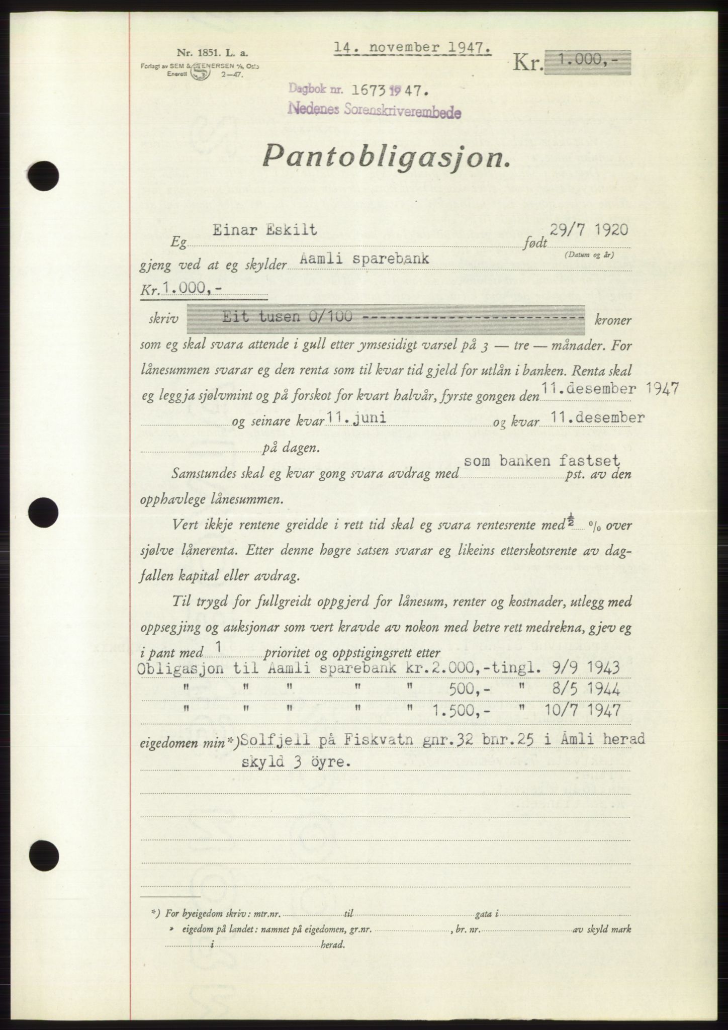 Nedenes sorenskriveri, AV/SAK-1221-0006/G/Gb/Gbb/L0004: Mortgage book no. B4, 1947-1947, Diary no: : 1673/1947