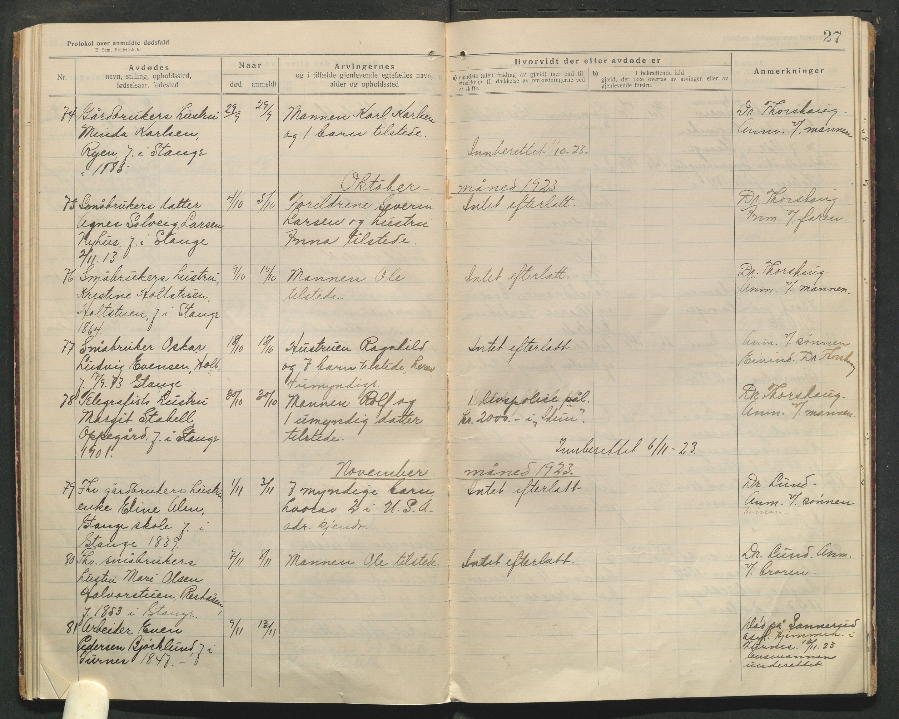 Stange lensmannskontor, SAH/LHS-020/H/Ha/Haa/L0001/0004: Dødsfallsprotokoller / Dødsfallsprotokoll, 1921-1925, p. 27