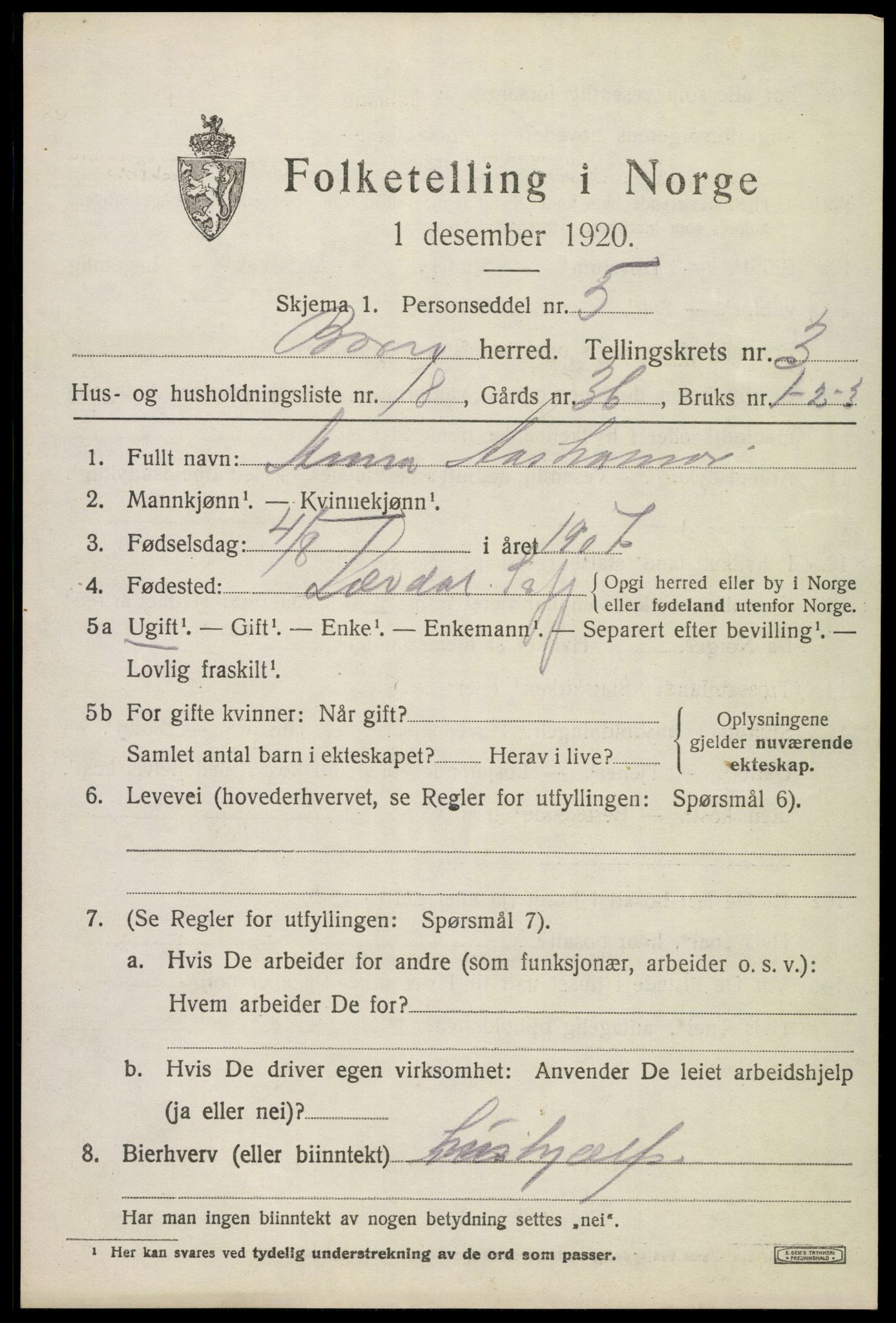 SAKO, 1920 census for Borre, 1920, p. 6238
