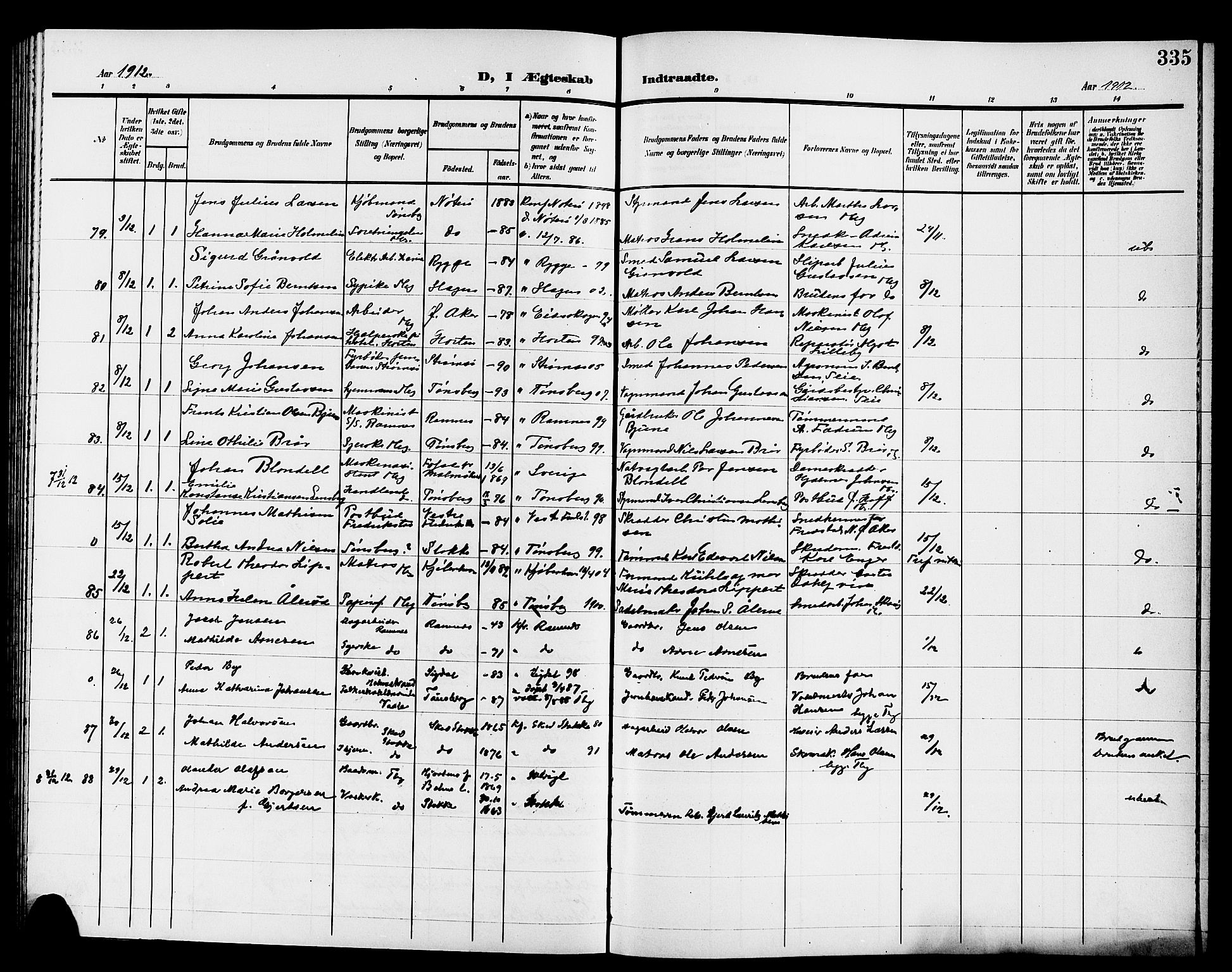 Tønsberg kirkebøker, AV/SAKO-A-330/G/Ga/L0008: Parish register (copy) no. 8, 1905-1912, p. 335