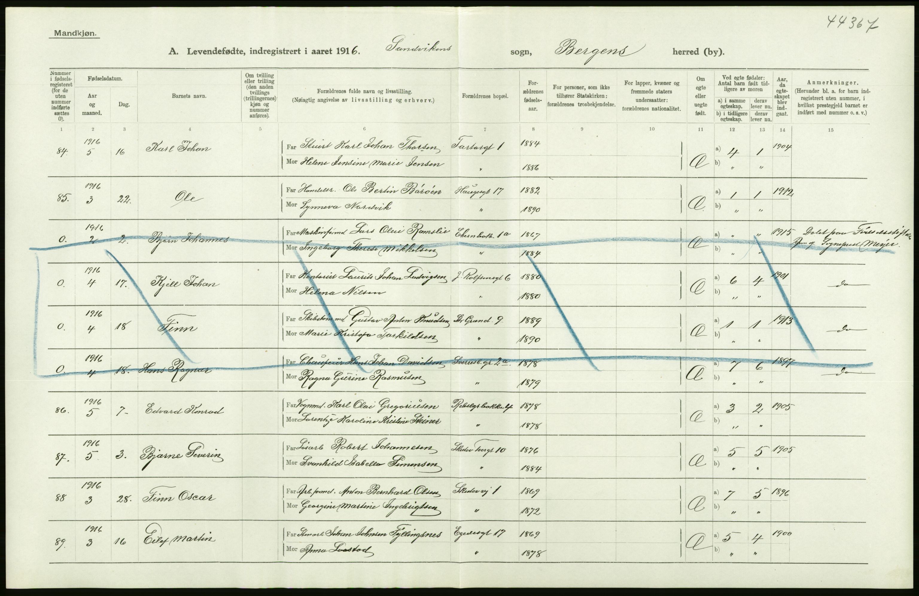 Statistisk sentralbyrå, Sosiodemografiske emner, Befolkning, AV/RA-S-2228/D/Df/Dfb/Dfbf/L0037: Bergen: Levendefødte menn og kvinner., 1916, p. 26