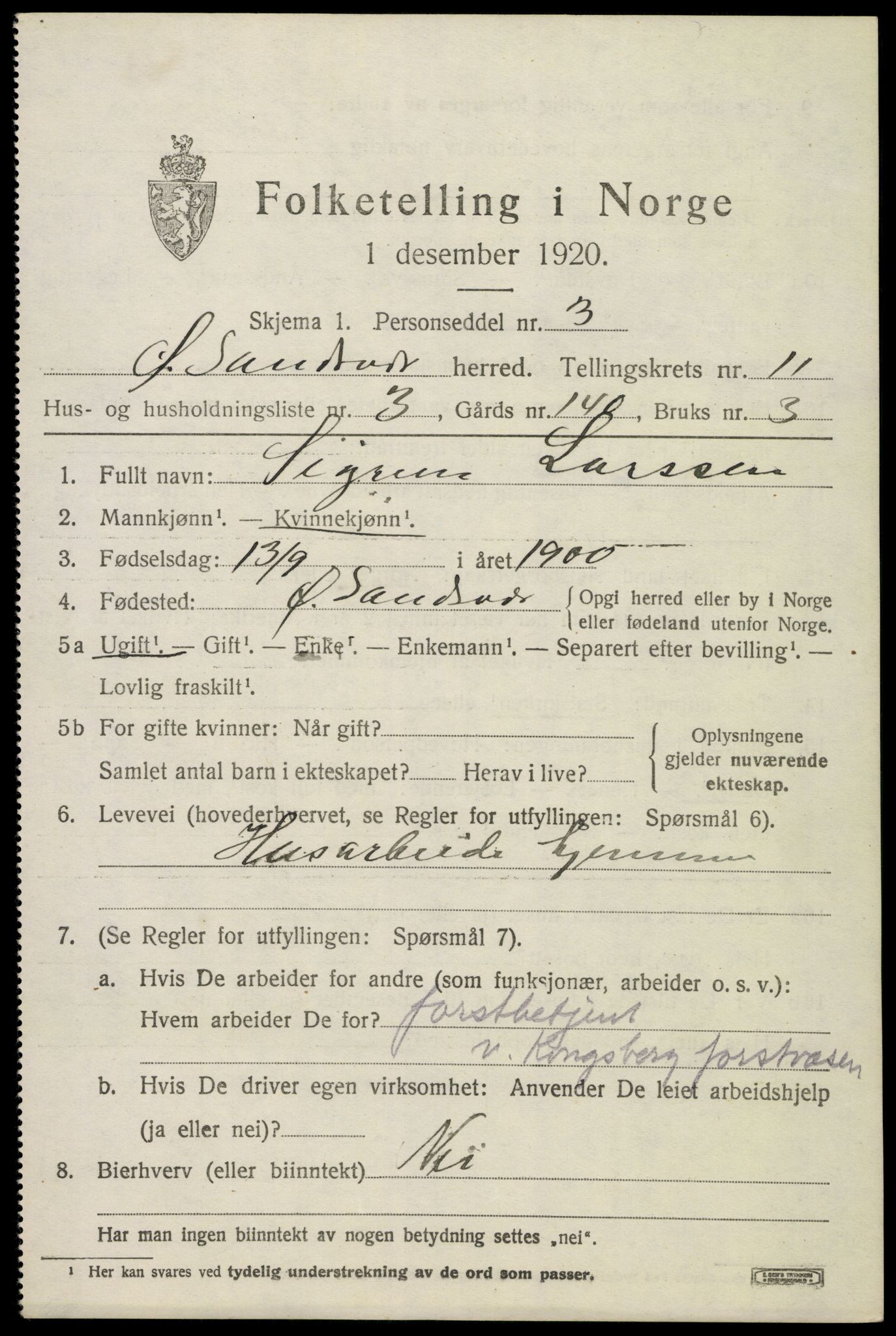 SAKO, 1920 census for Øvre Sandsvær, 1920, p. 5752
