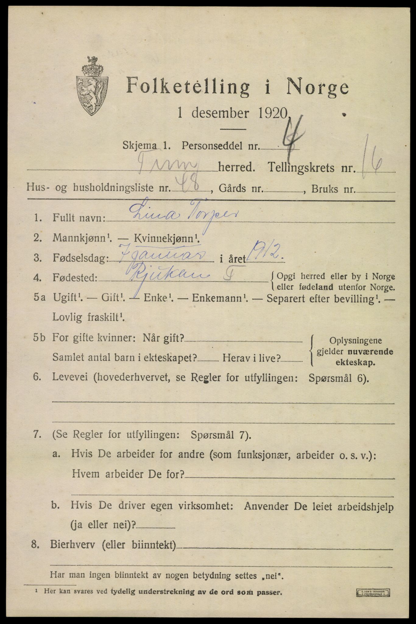 SAKO, 1920 census for Tinn, 1920, p. 17700
