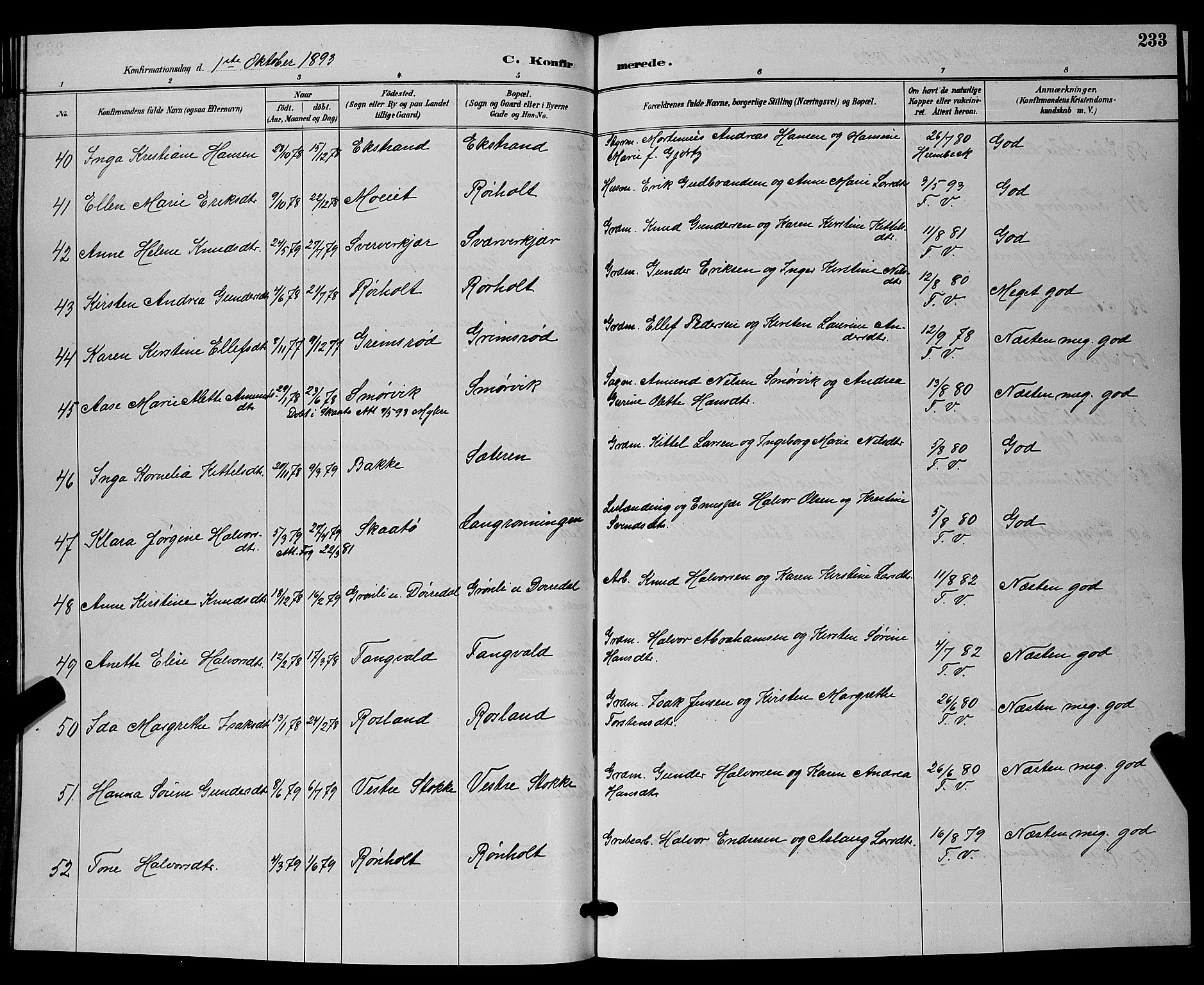 Bamble kirkebøker, AV/SAKO-A-253/G/Ga/L0009: Parish register (copy) no. I 9, 1888-1900, p. 233