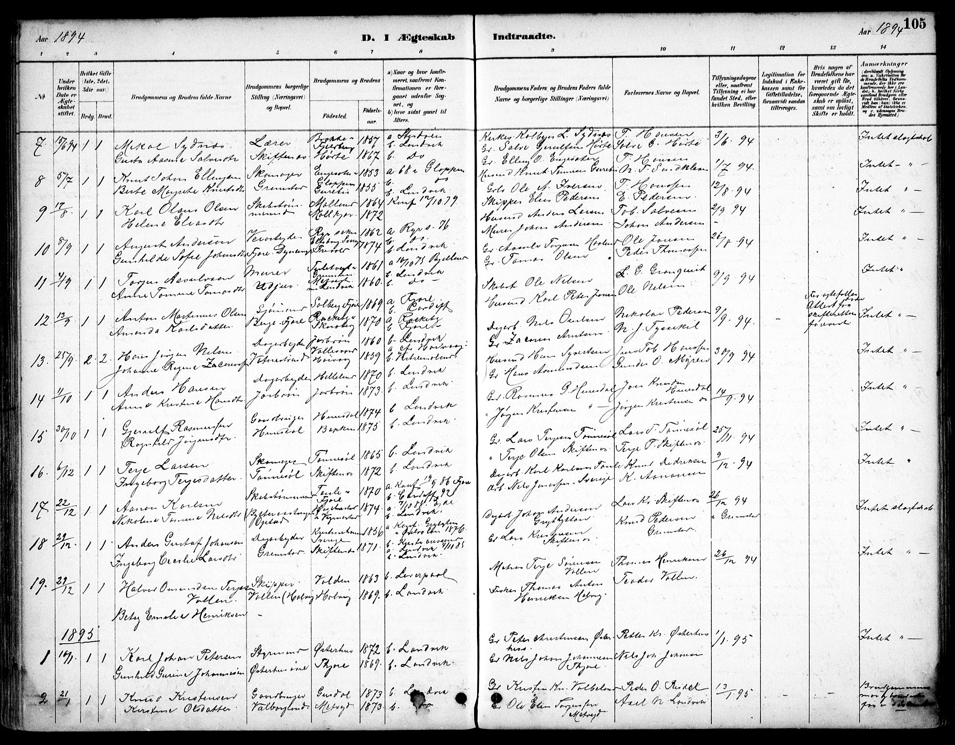 Hommedal sokneprestkontor, AV/SAK-1111-0023/F/Fb/Fbb/L0007: Parish register (copy) no. B 7, 1885-1904, p. 105