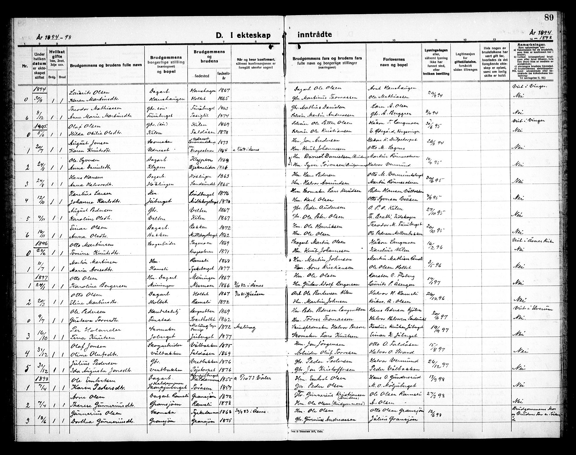 Åsnes prestekontor, AV/SAH-PREST-042/H/Ha/Haa/L0000E: Parish register (official) no. 0C, 1890-1929, p. 89