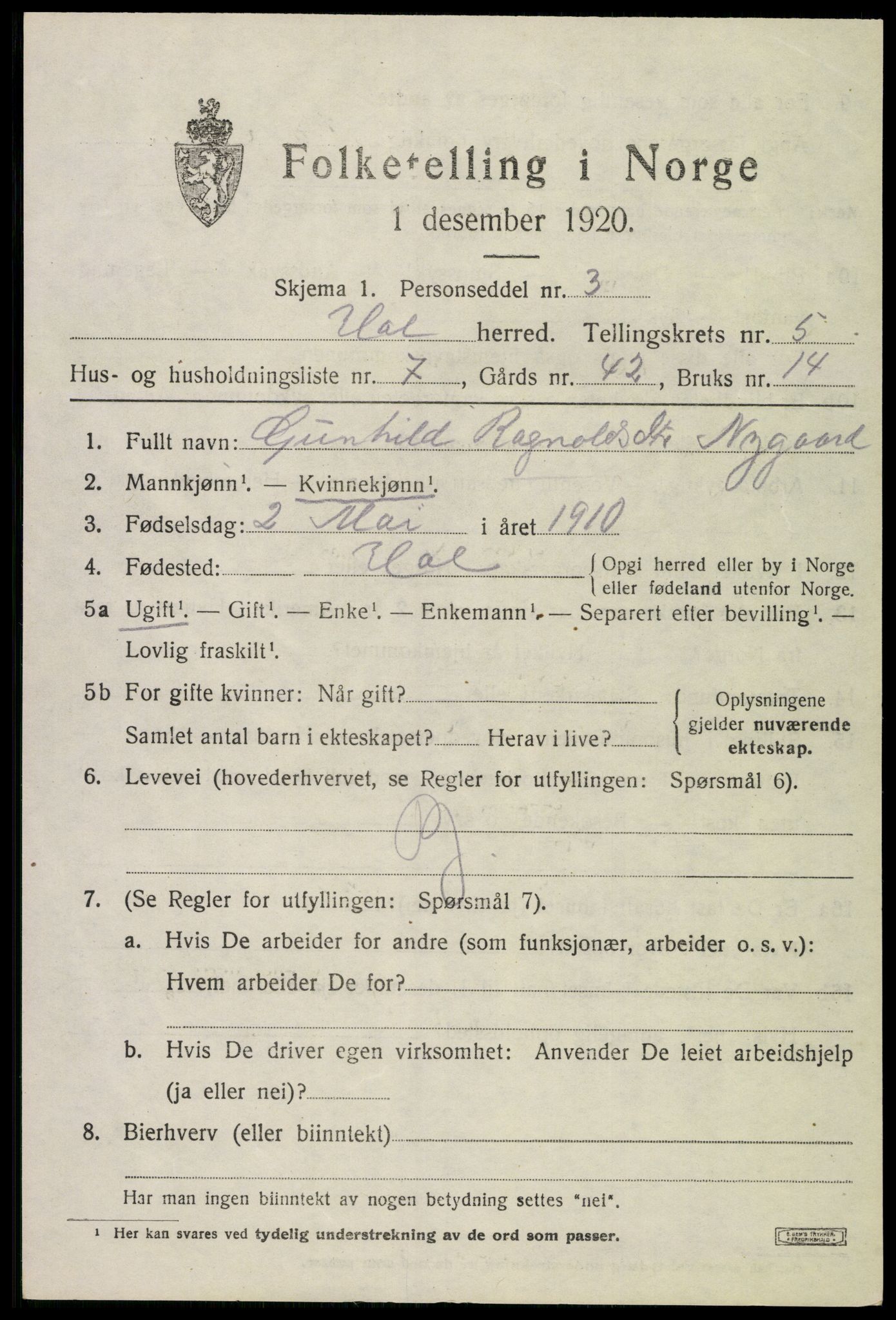 SAKO, 1920 census for Hol (Buskerud), 1920, p. 2825