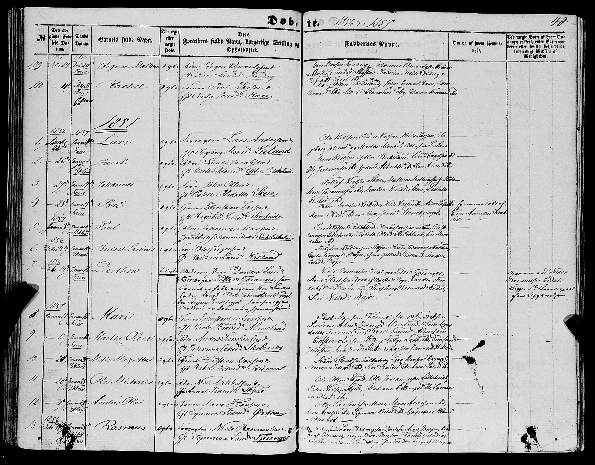Fana Sokneprestembete, SAB/A-75101/H/Haa/Haaa/L0011: Parish register (official) no. A 11, 1851-1862, p. 48