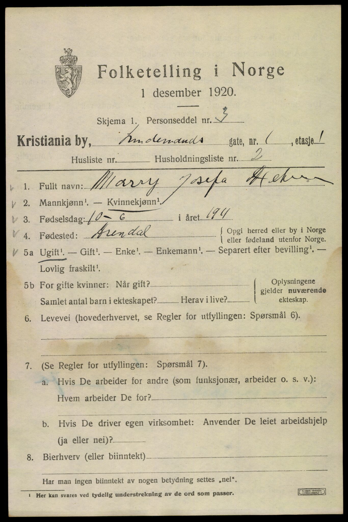 SAO, 1920 census for Kristiania, 1920, p. 364729