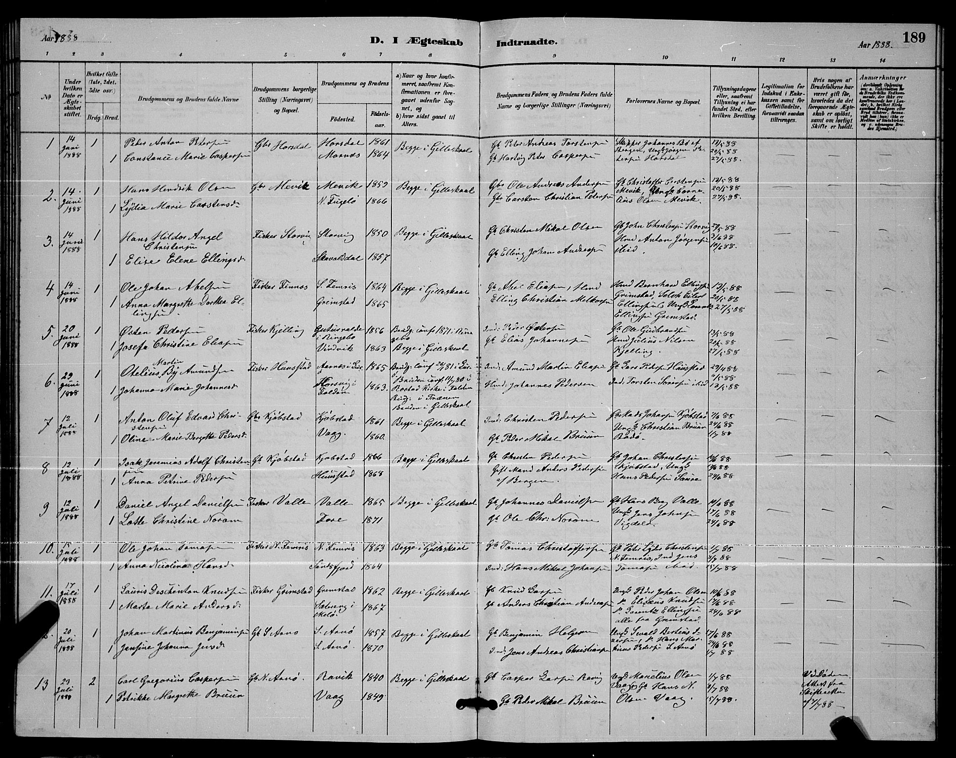 Ministerialprotokoller, klokkerbøker og fødselsregistre - Nordland, AV/SAT-A-1459/805/L0108: Parish register (copy) no. 805C04, 1885-1899, p. 189