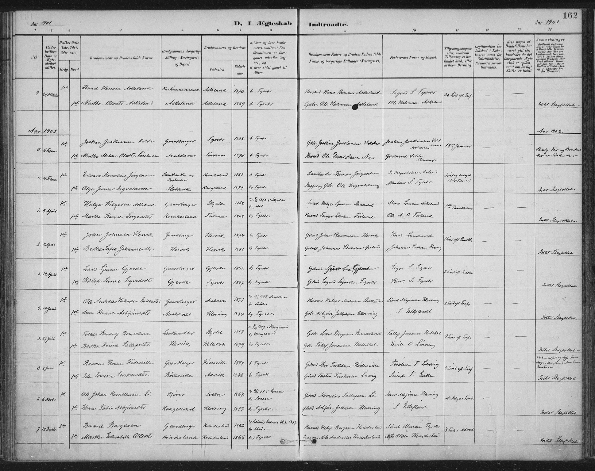 Tysvær sokneprestkontor, AV/SAST-A -101864/H/Ha/Haa/L0008: Parish register (official) no. A 8, 1897-1918, p. 162