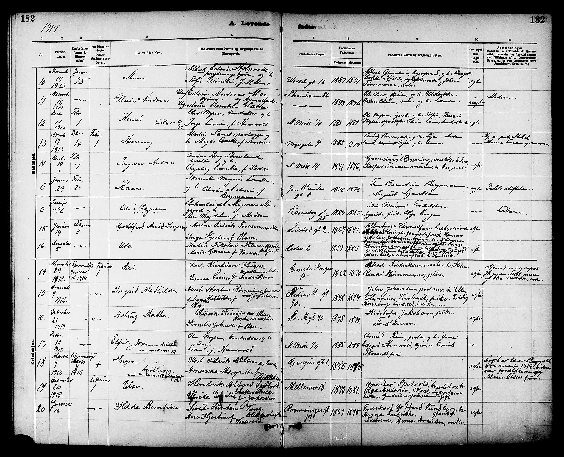 Ministerialprotokoller, klokkerbøker og fødselsregistre - Sør-Trøndelag, AV/SAT-A-1456/605/L0254: Parish register (copy) no. 605C01, 1908-1916, p. 182