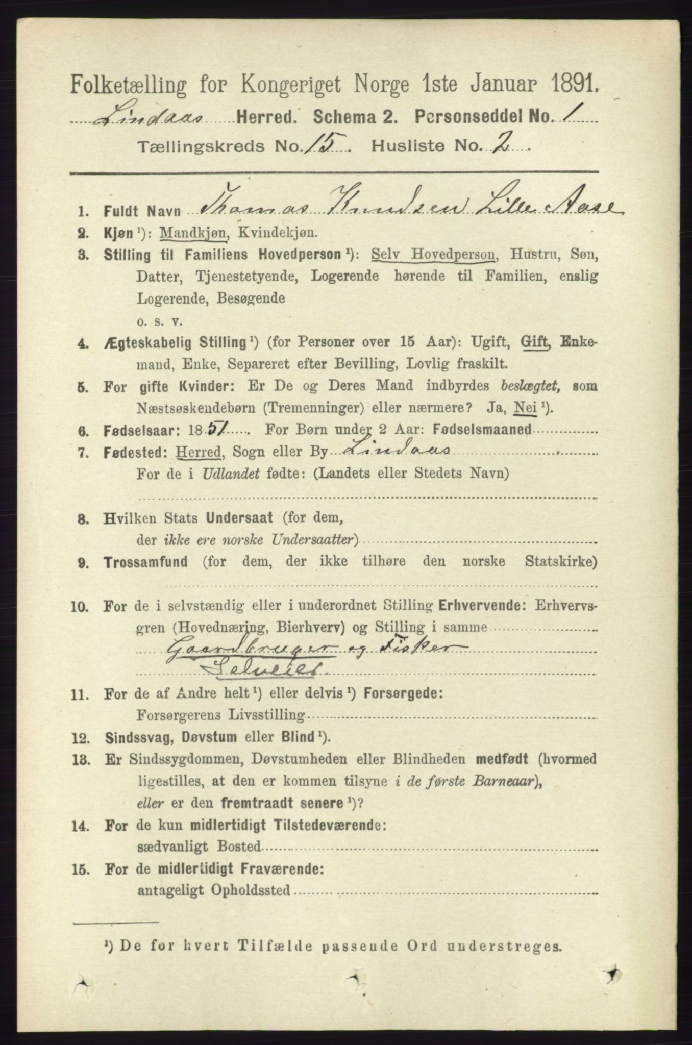 RA, 1891 census for 1263 Lindås, 1891, p. 5283