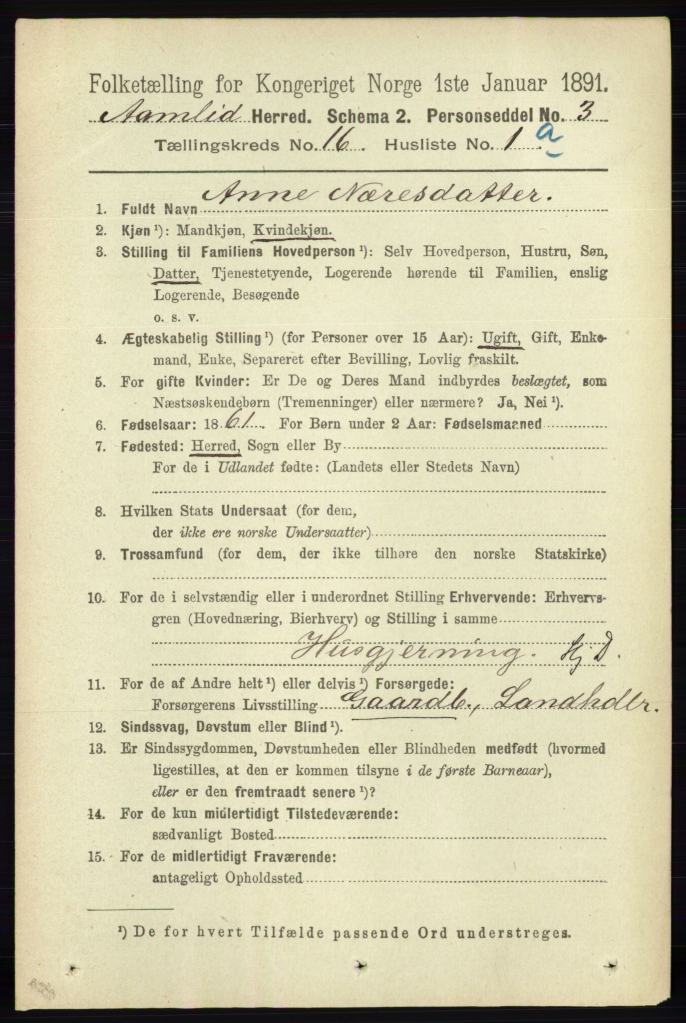 RA, 1891 census for 0929 Åmli, 1891, p. 2687