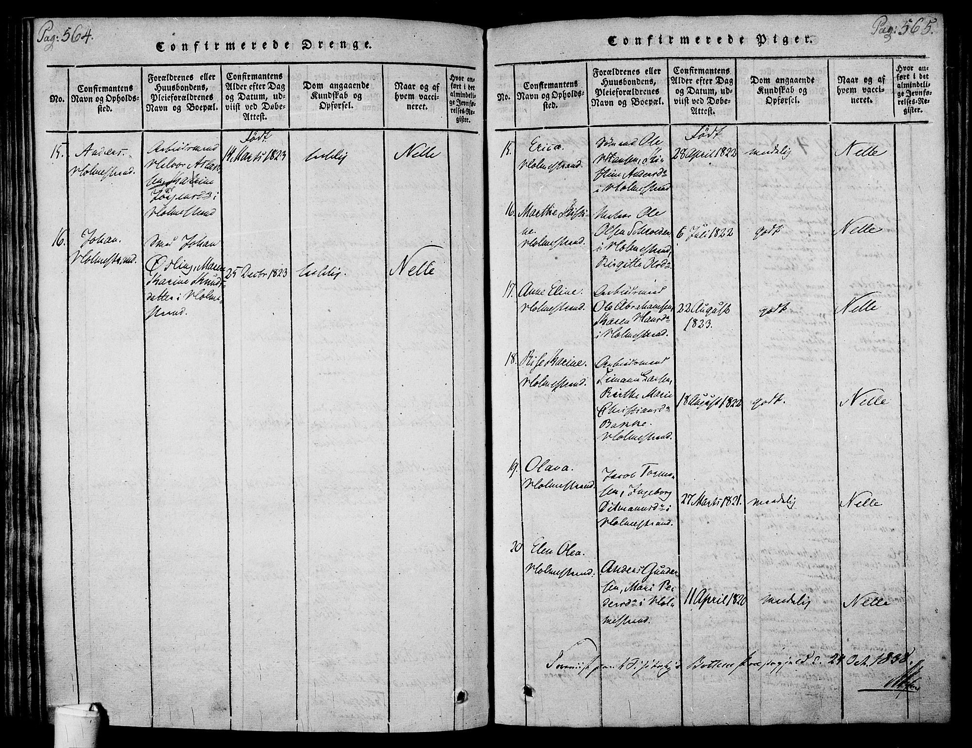 Holmestrand kirkebøker, AV/SAKO-A-346/F/Fa/L0001: Parish register (official) no. 1, 1814-1840, p. 564-565