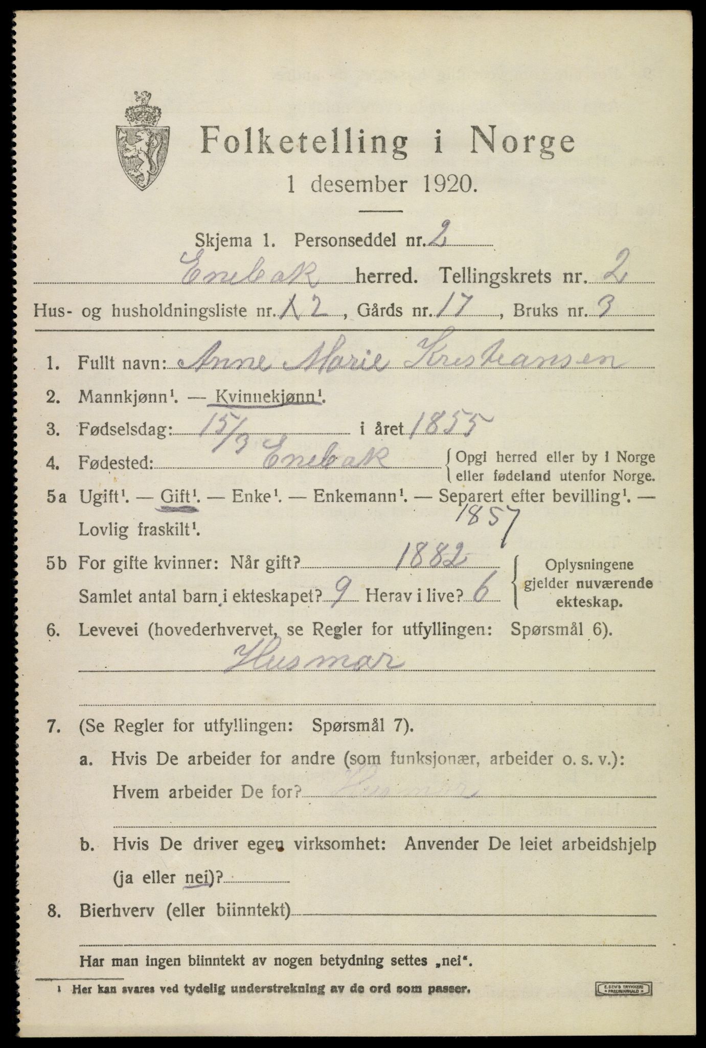 SAO, 1920 census for Enebakk, 1920, p. 2077