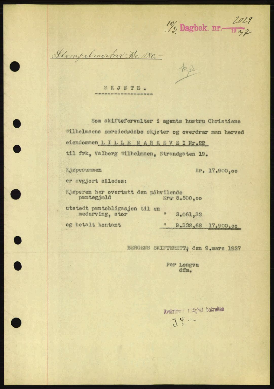 Byfogd og Byskriver i Bergen, SAB/A-3401/03/03Bc/L0004: Mortgage book no. A3-4, 1936-1937, Diary no: : 2029/1937