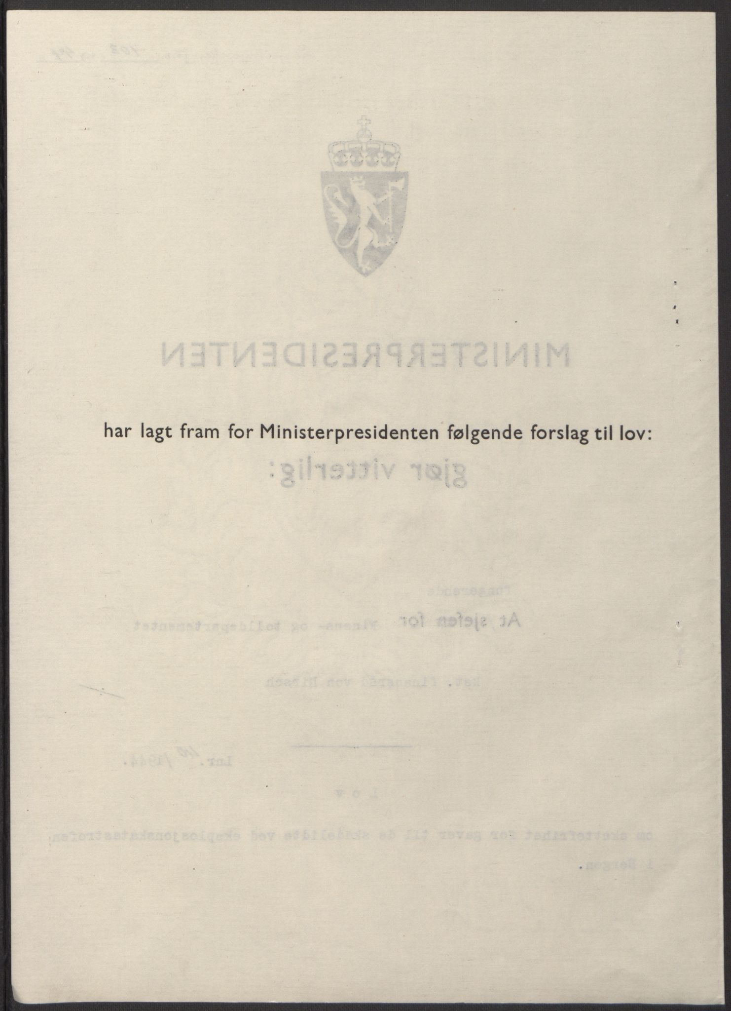 NS-administrasjonen 1940-1945 (Statsrådsekretariatet, de kommisariske statsråder mm), AV/RA-S-4279/D/Db/L0100: Lover, 1944, p. 194