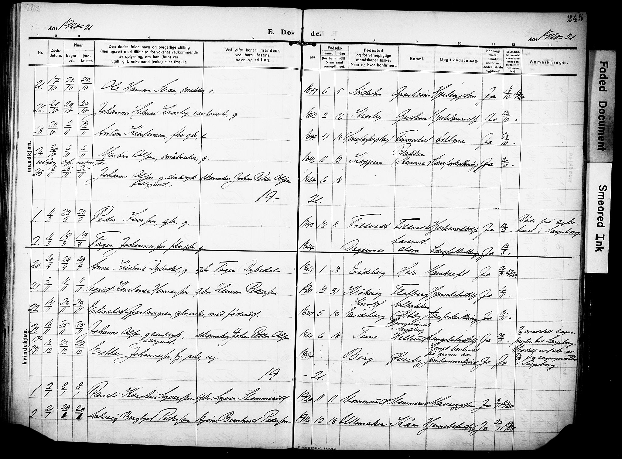 Rakkestad prestekontor Kirkebøker, AV/SAO-A-2008/F/Fa/L0015: Parish register (official) no. I 15, 1909-1922, p. 245