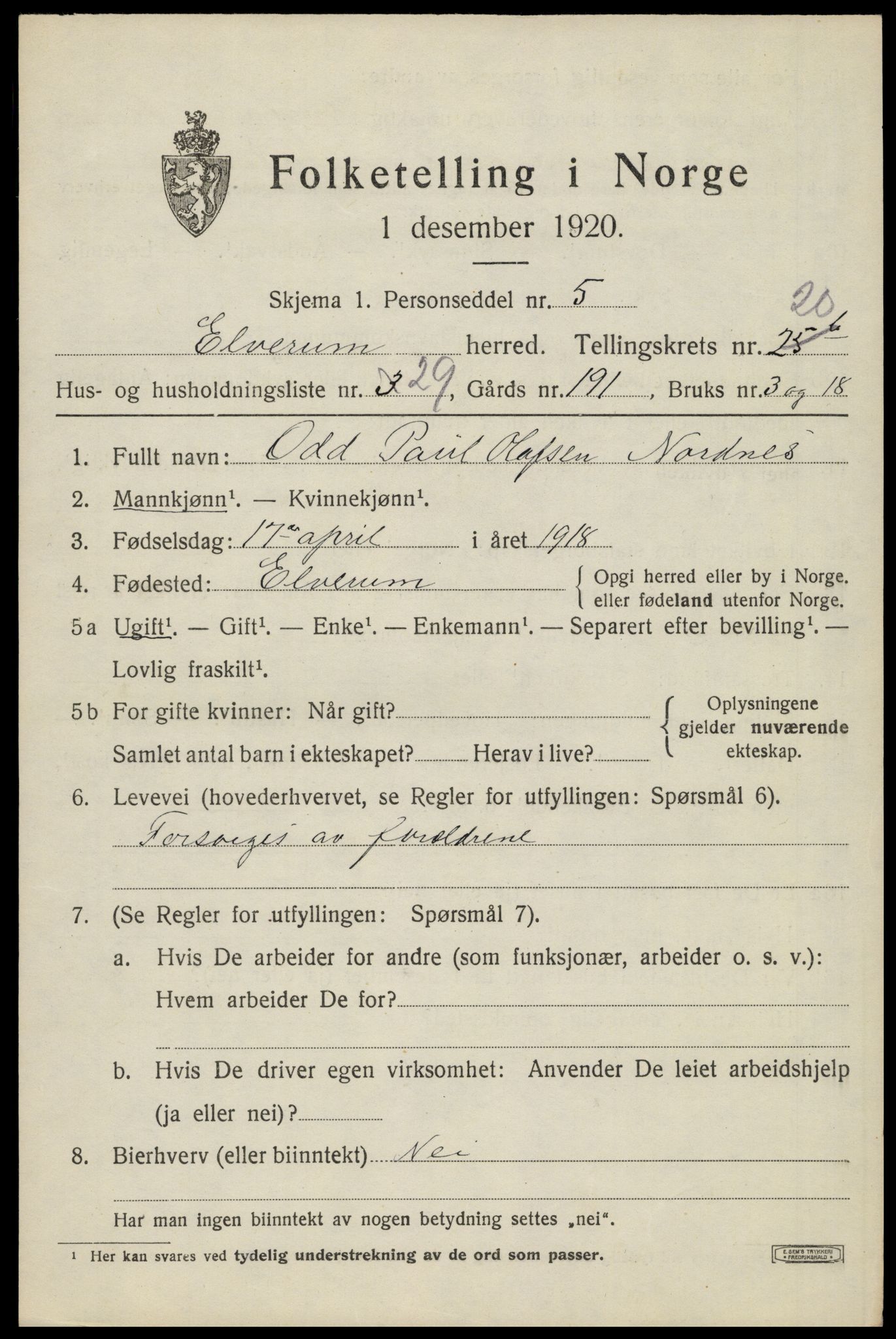 SAH, 1920 census for Elverum, 1920, p. 23612