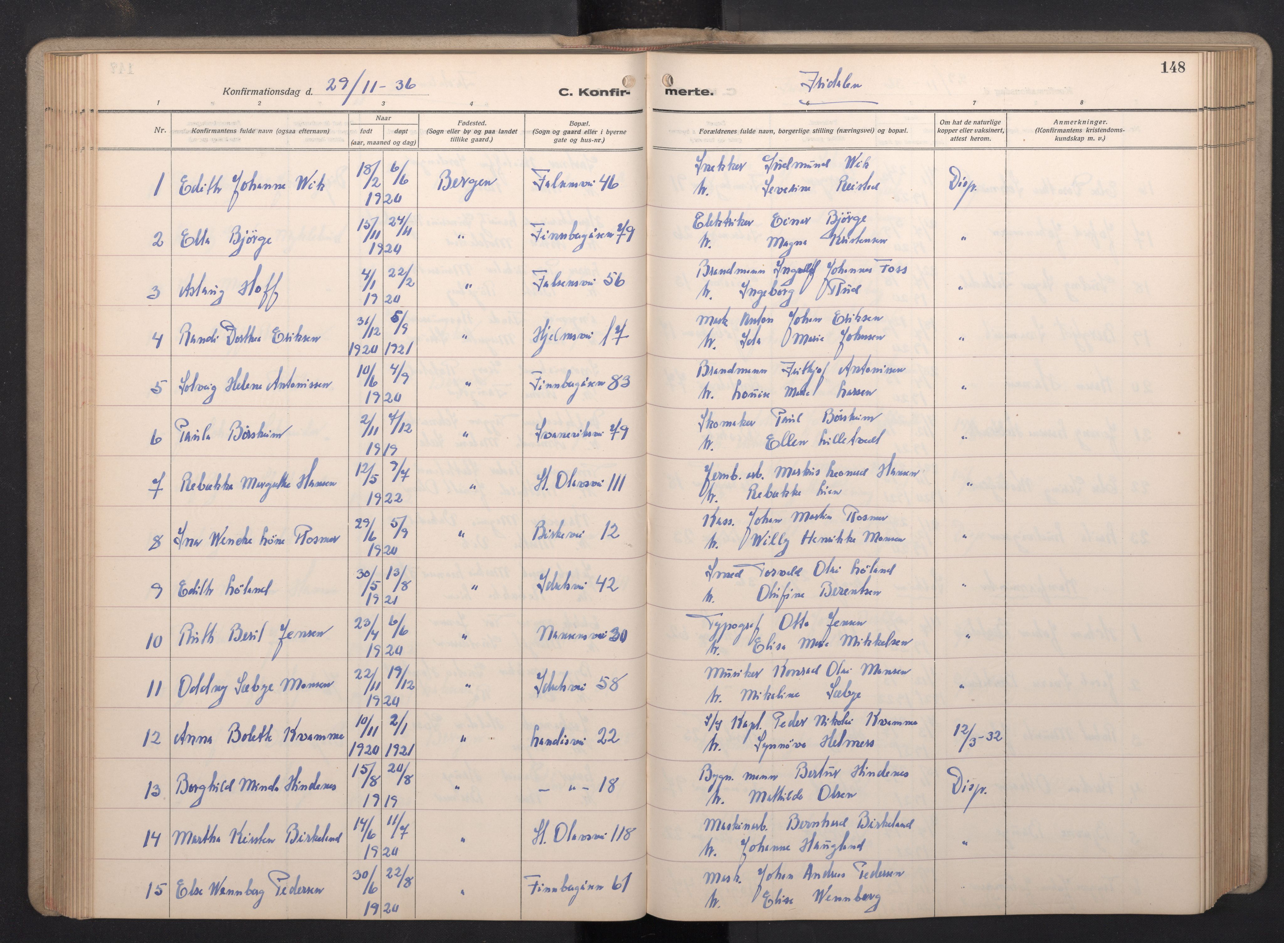 Årstad Sokneprestembete, AV/SAB-A-79301/H/Hab/L0015: Parish register (copy) no. B 5, 1932-1945, p. 147b-148a