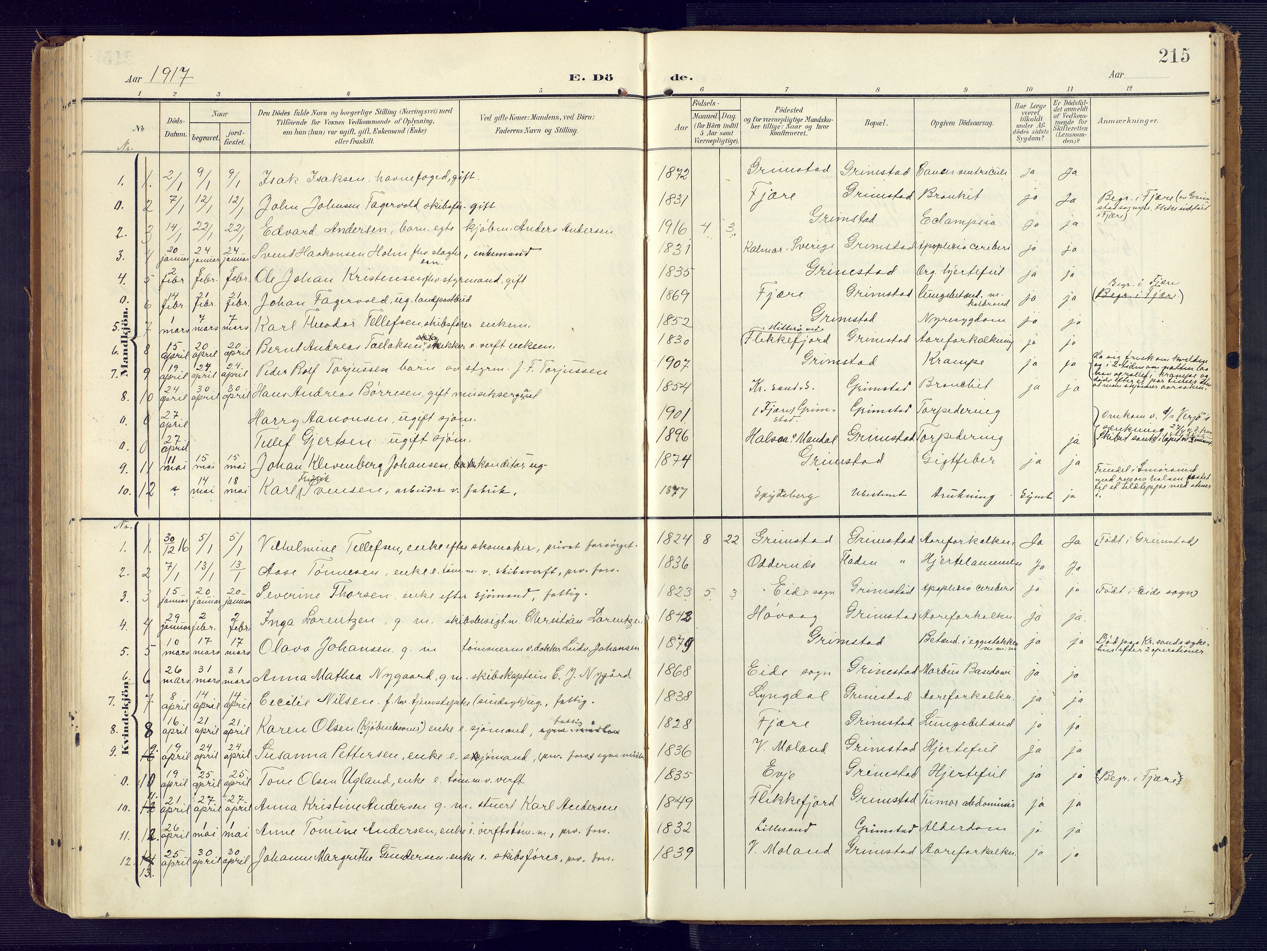 Grimstad sokneprestkontor, SAK/1111-0017/F/Fa/L0005: Parish register (official) no. A 4, 1911-1924, p. 215