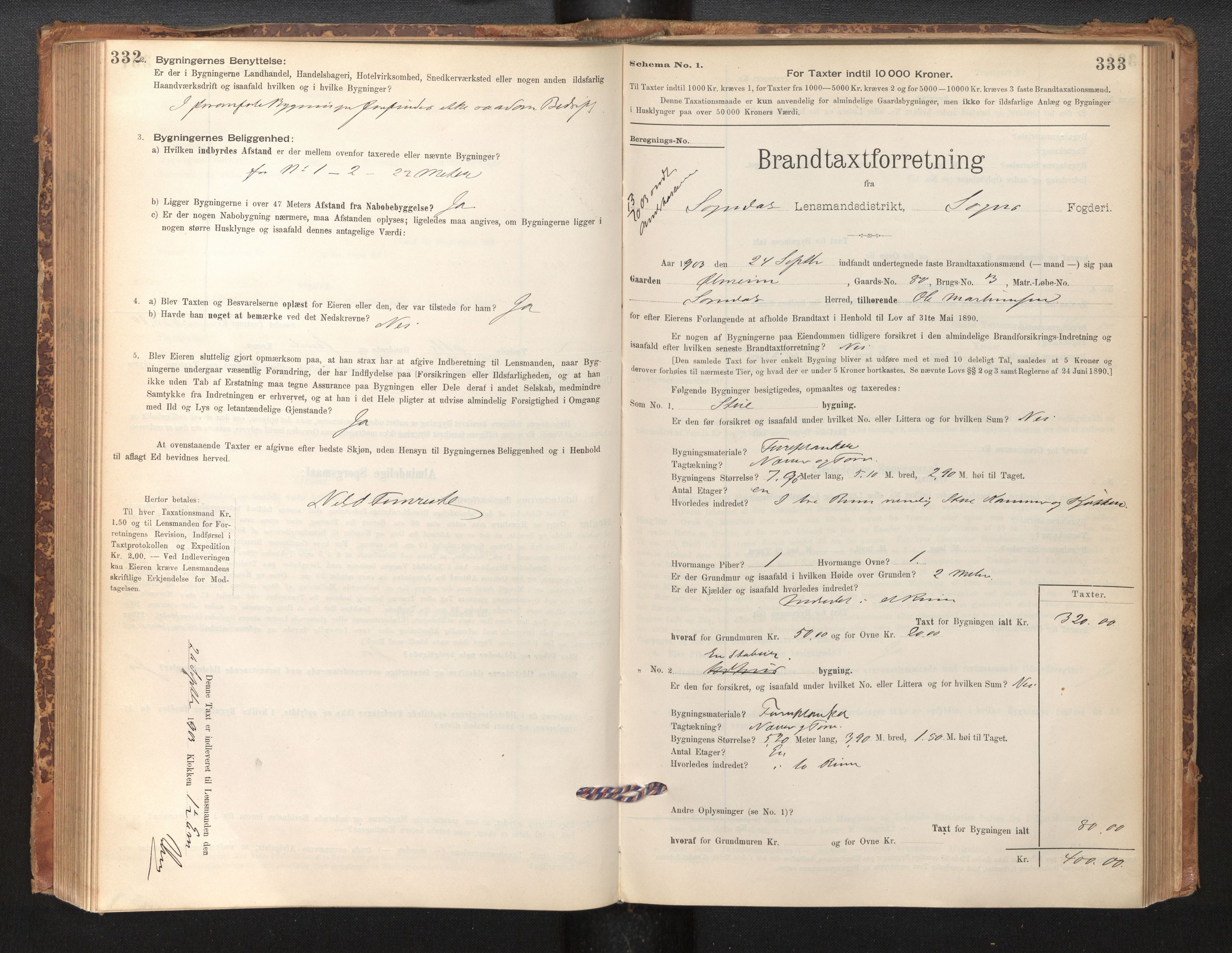 Lensmannen i Sogndal, AV/SAB-A-29901/0012/L0008: Branntakstprotokoll, skjematakst, 1895-1906, p. 332-333