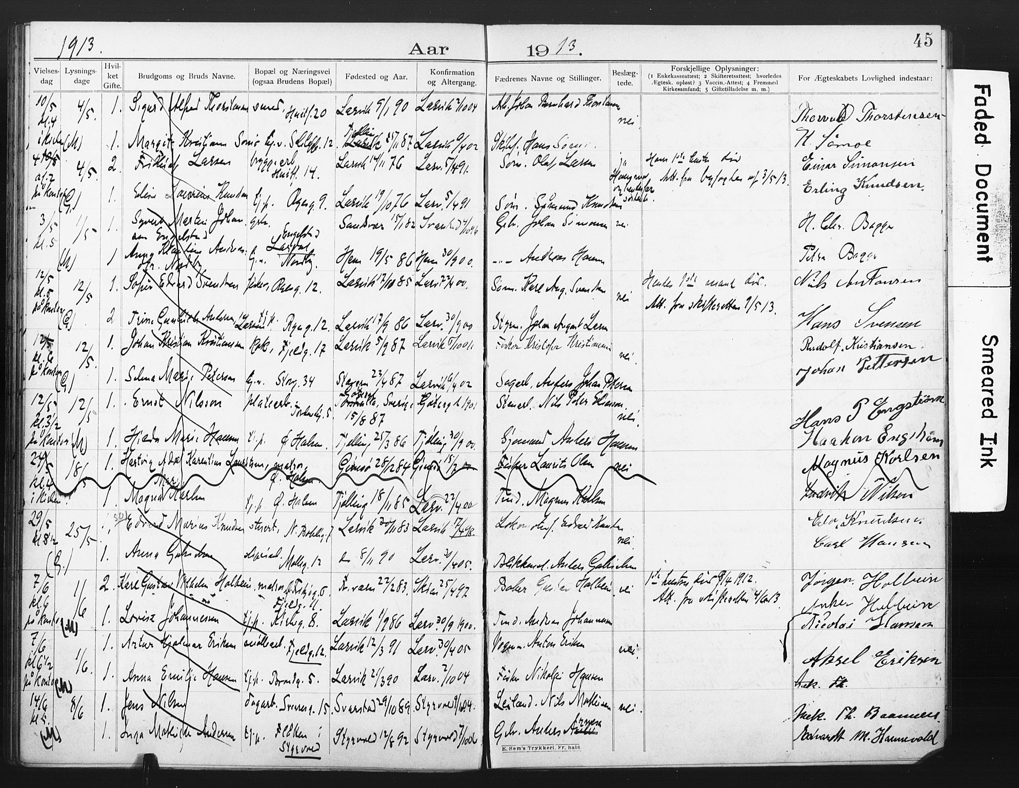 Larvik kirkebøker, AV/SAKO-A-352/H/Ha/L0003: Banns register no. 3, 1907-1918, p. 45