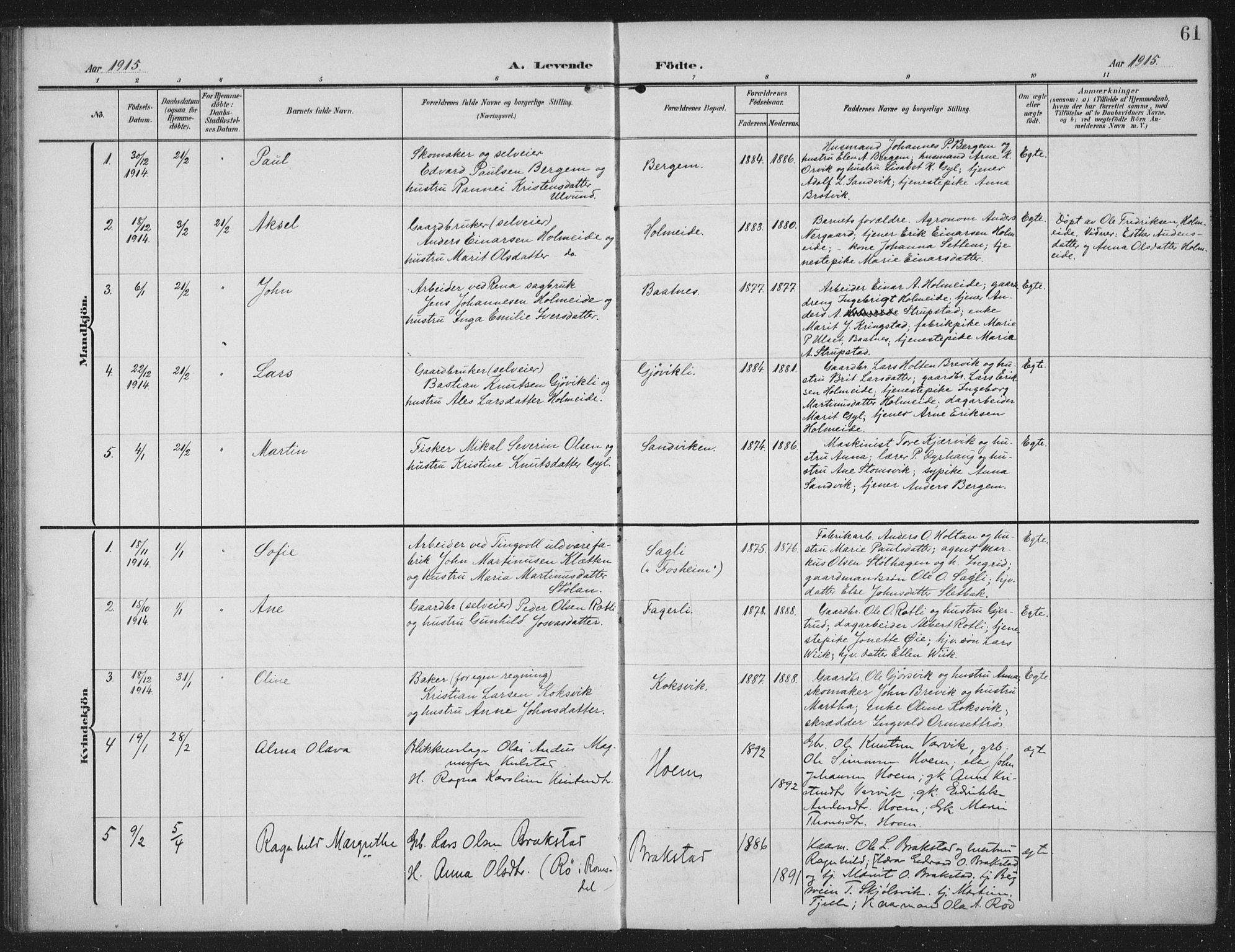 Ministerialprotokoller, klokkerbøker og fødselsregistre - Møre og Romsdal, AV/SAT-A-1454/586/L0989: Parish register (official) no. 586A15, 1906-1915, p. 61