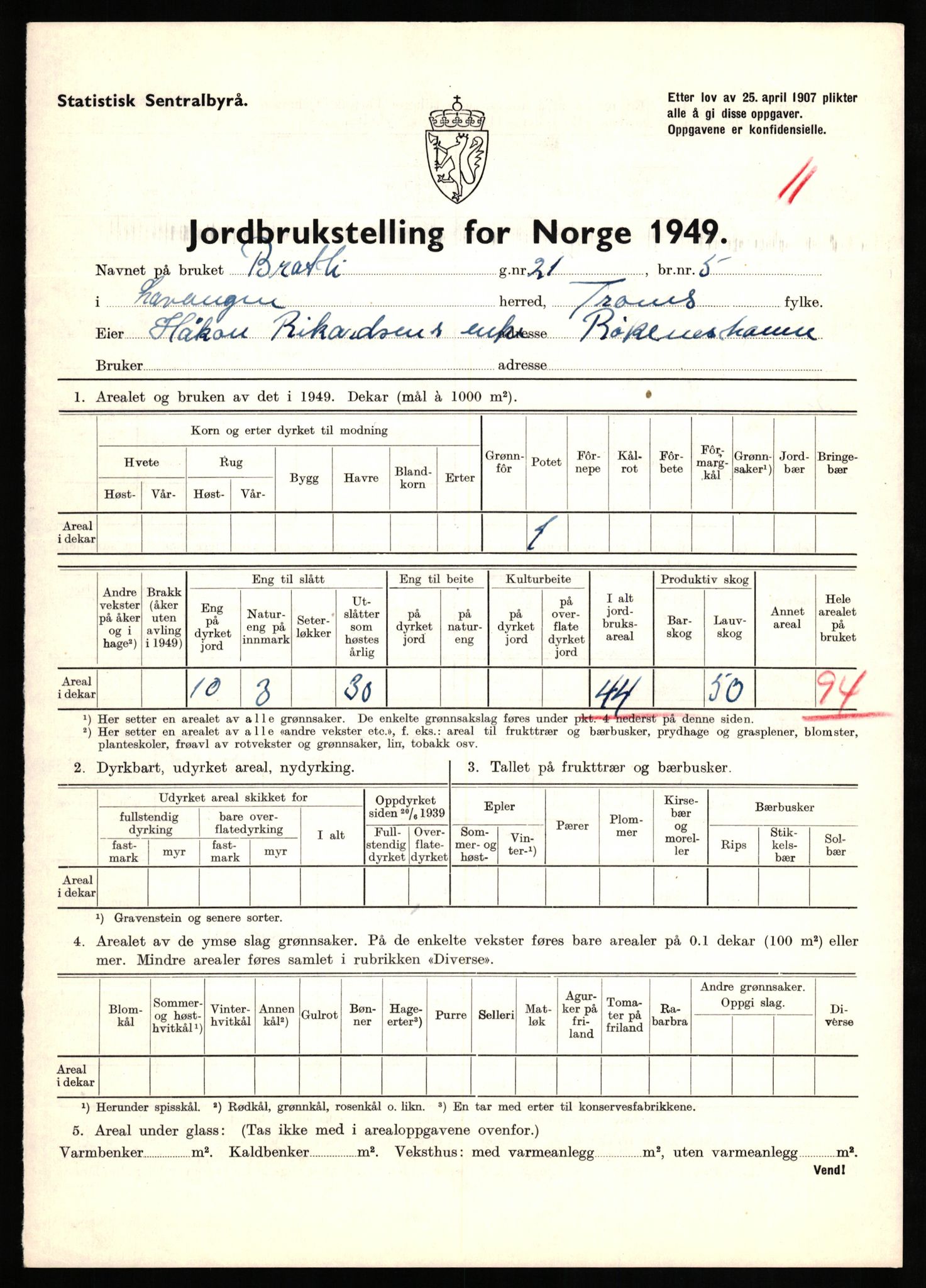 Statistisk sentralbyrå, Næringsøkonomiske emner, Jordbruk, skogbruk, jakt, fiske og fangst, AV/RA-S-2234/G/Gc/L0437: Troms: Gratangen og Lavangen, 1949, p. 372