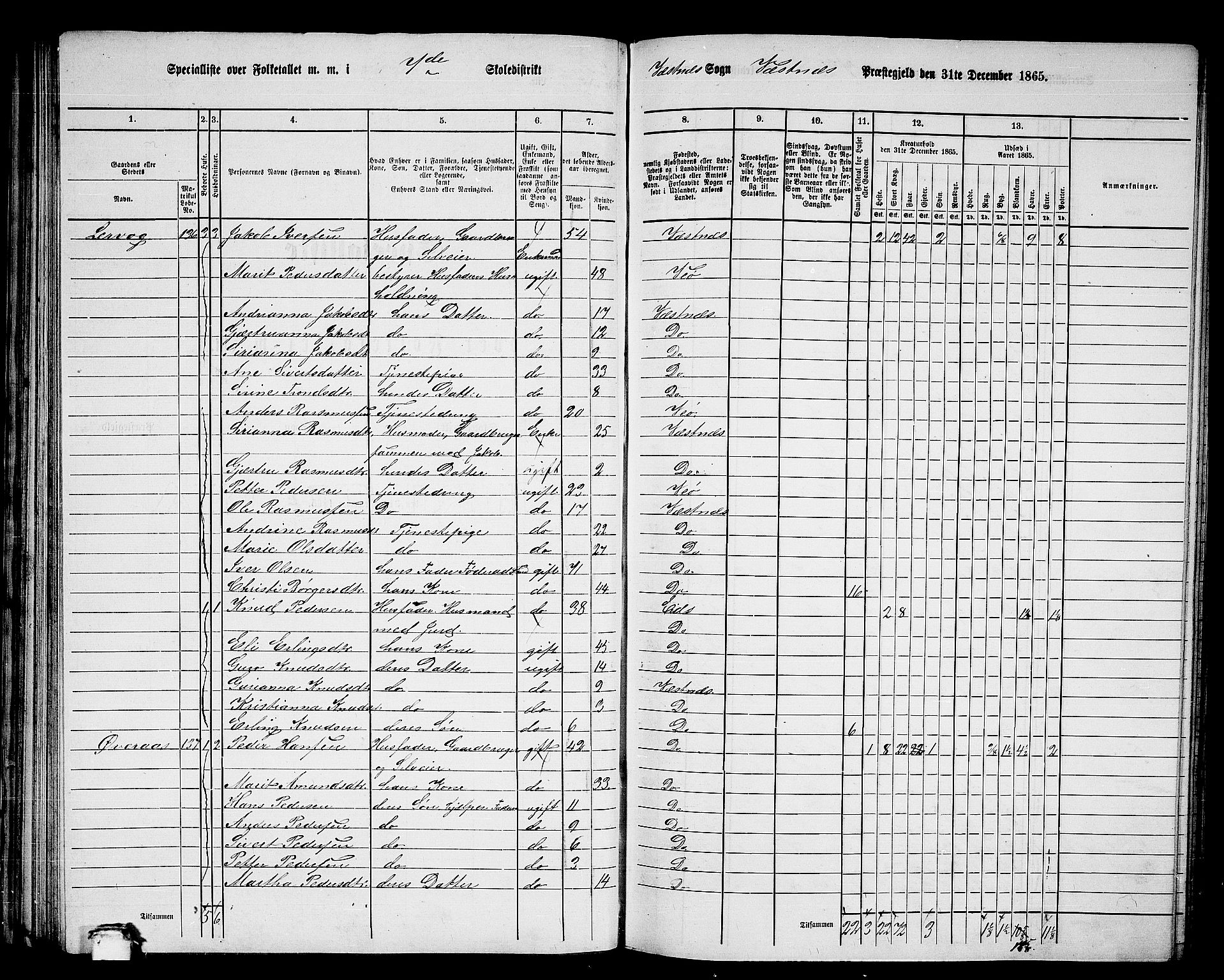 RA, 1865 census for Vestnes, 1865, p. 74