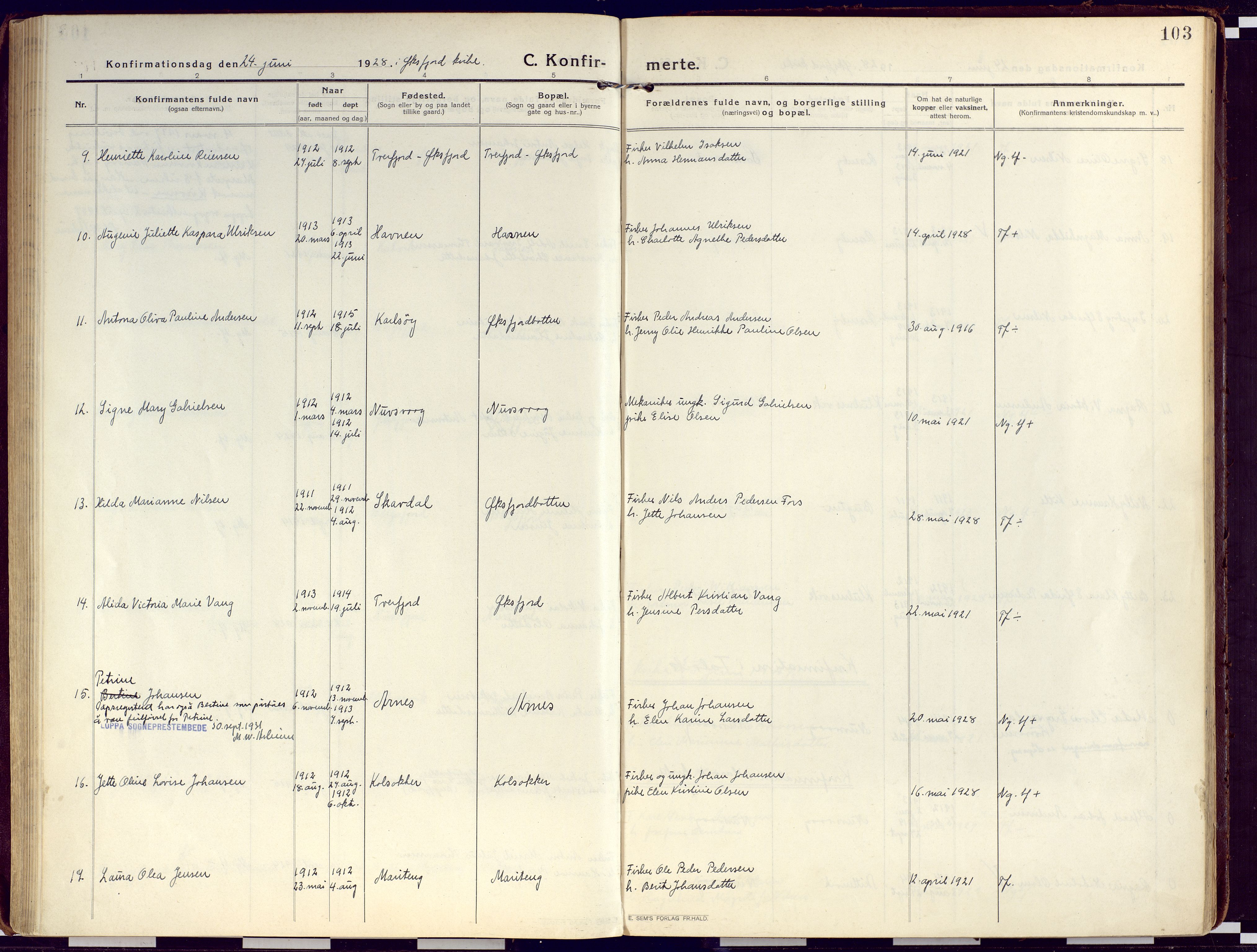 Loppa sokneprestkontor, SATØ/S-1339/H/Ha/L0012kirke: Parish register (official) no. 12, 1917-1932, p. 103