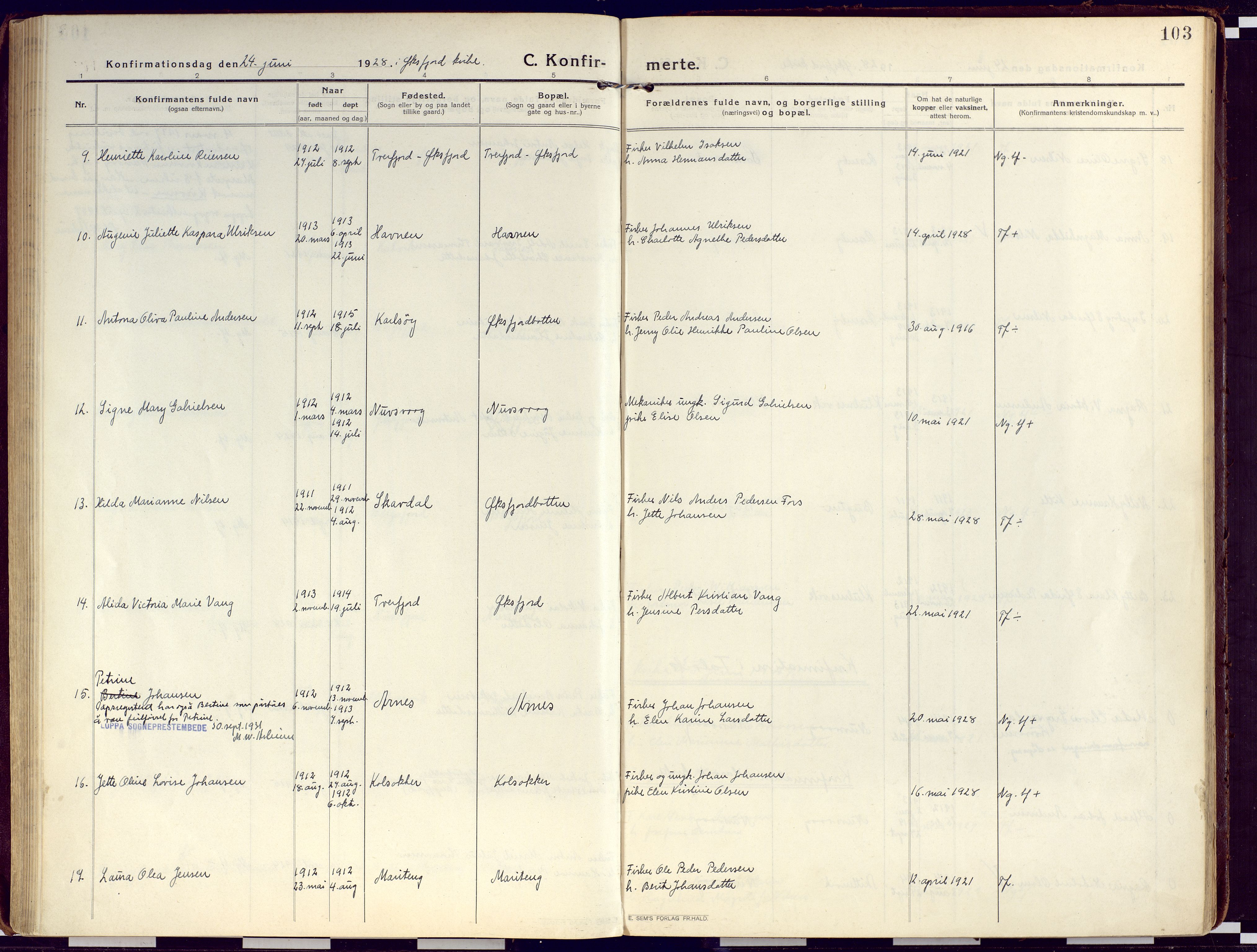 Loppa sokneprestkontor, AV/SATØ-S-1339/H/Ha/L0012kirke: Parish register (official) no. 12, 1917-1932, p. 103