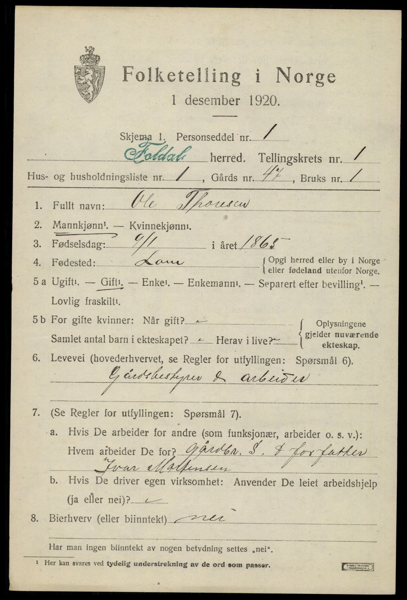 SAH, 1920 census for Folldal, 1920, p. 837