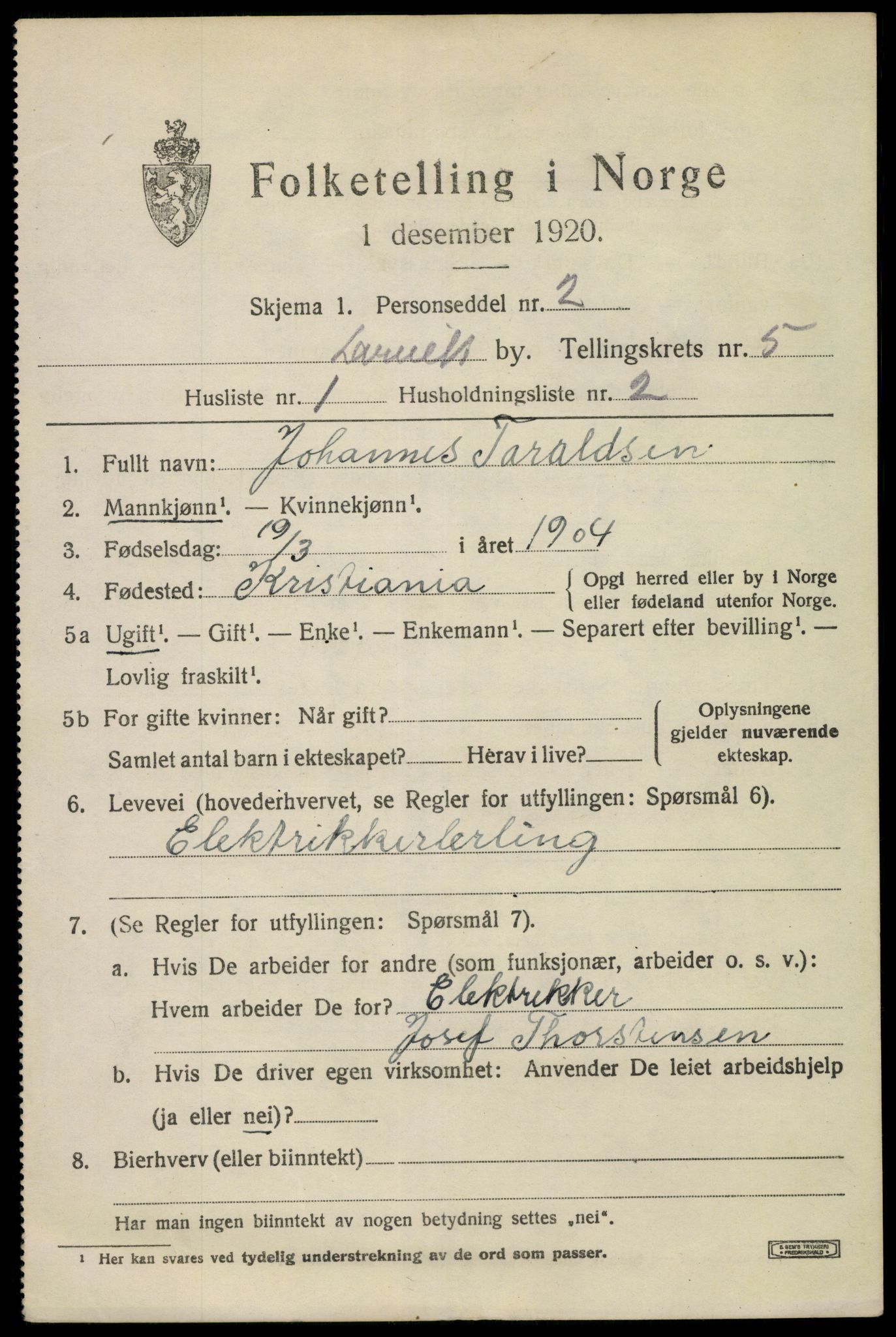 SAKO, 1920 census for Larvik, 1920, p. 16060