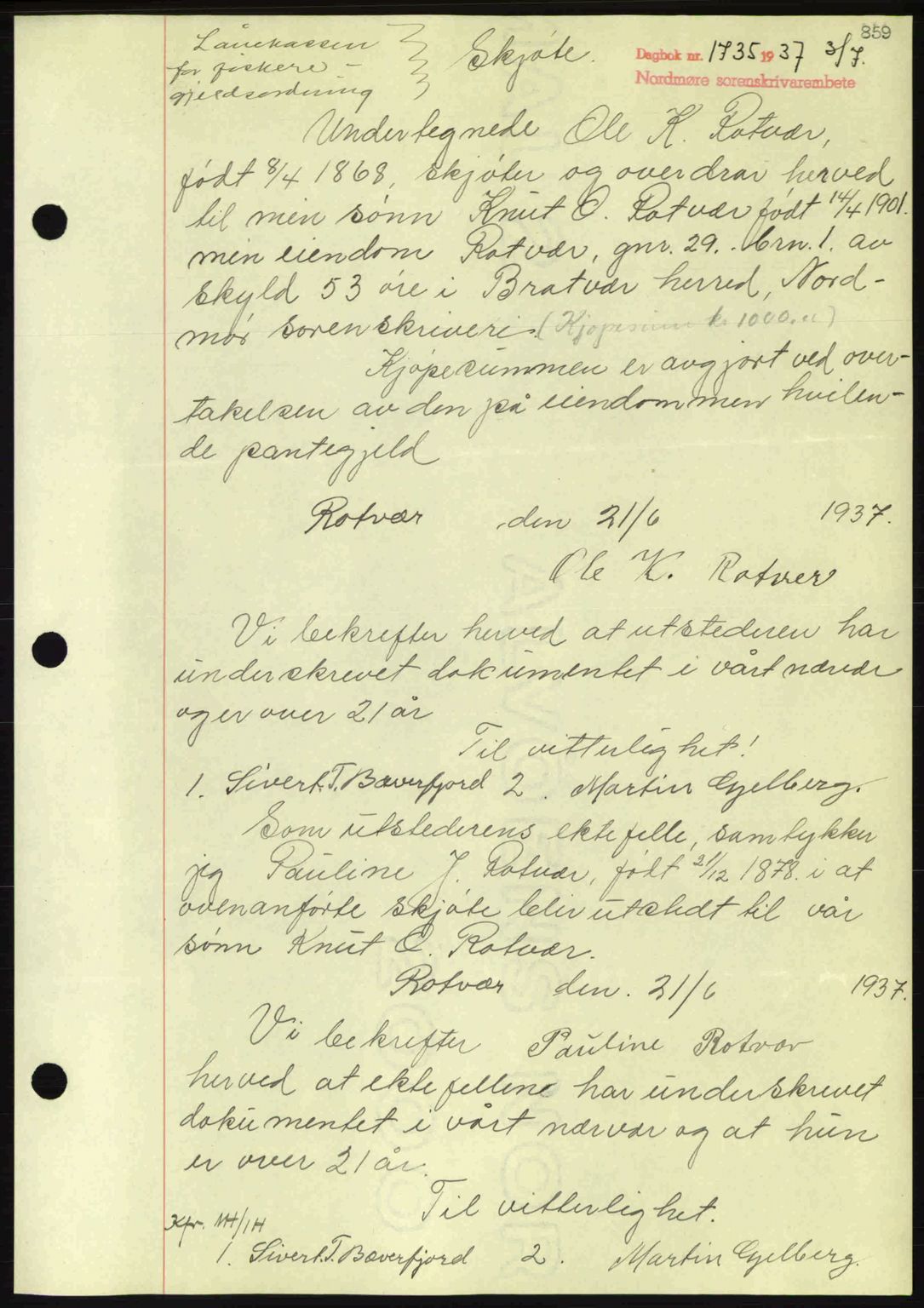 Nordmøre sorenskriveri, AV/SAT-A-4132/1/2/2Ca: Mortgage book no. A81, 1937-1937, Diary no: : 1735/1937