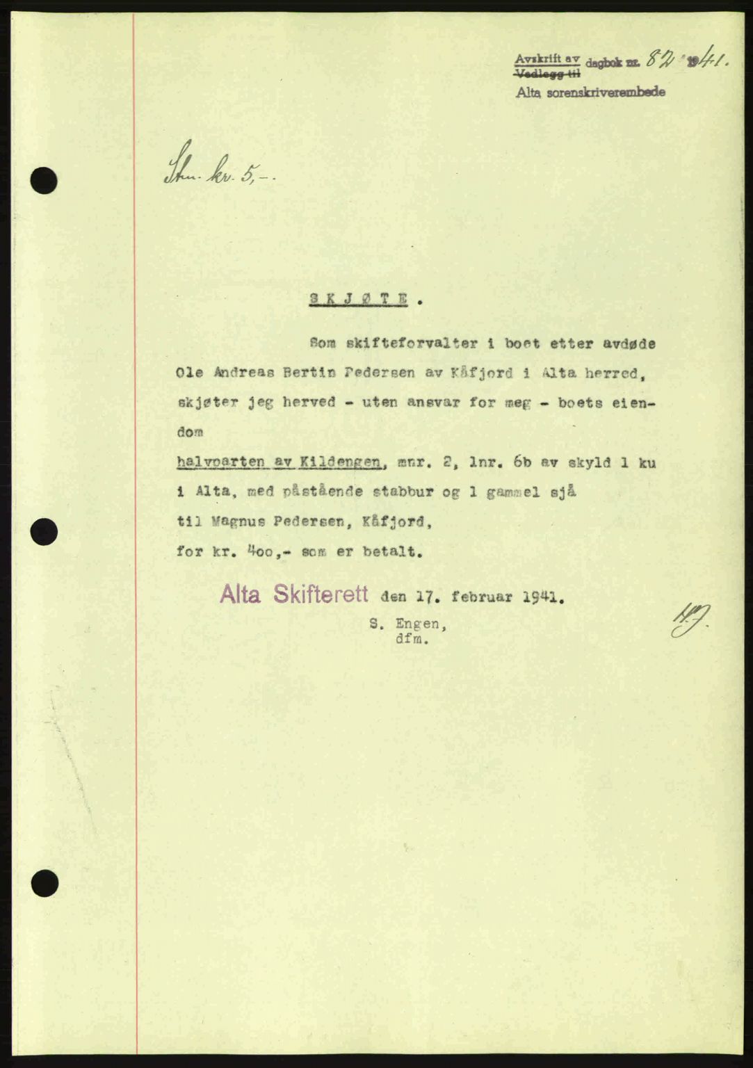 Alta fogderi/sorenskriveri, SATØ/SATØ-5/1/K/Kd/L0033pantebok: Mortgage book no. 33, 1940-1943, Diary no: : 82/1941