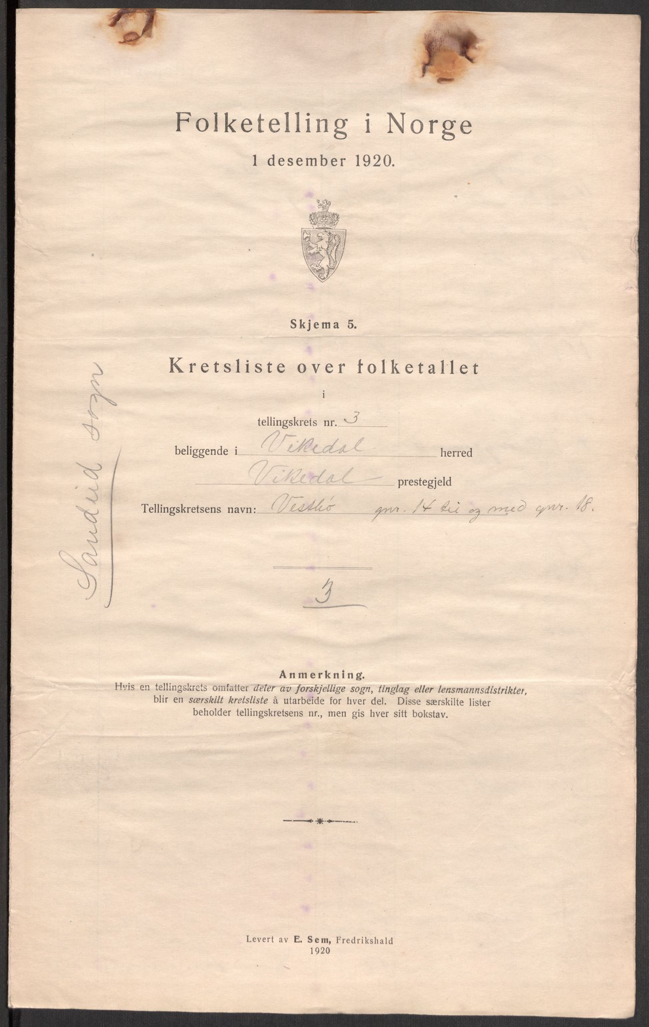 SAST, 1920 census for Vikedal, 1920, p. 15