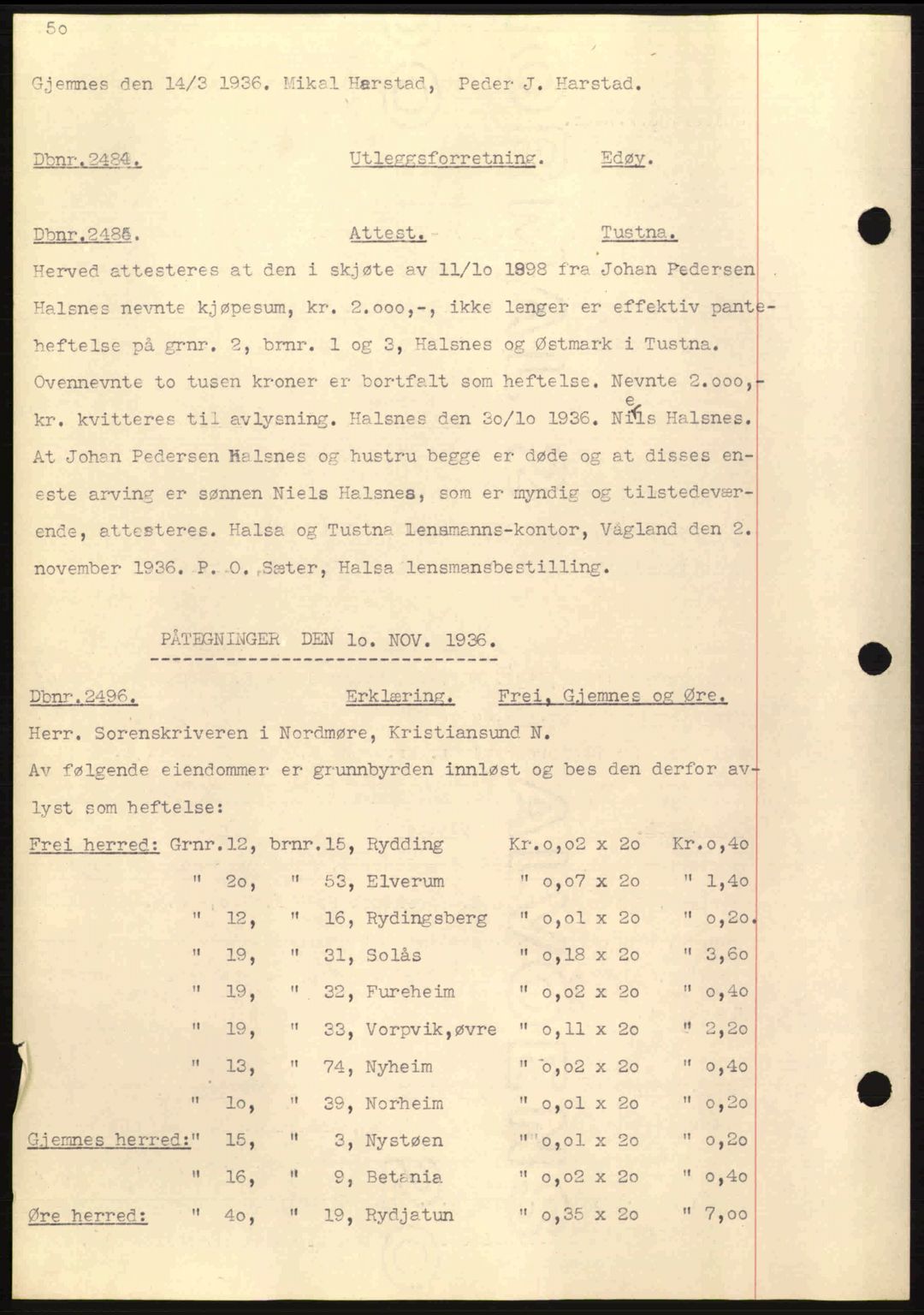 Nordmøre sorenskriveri, AV/SAT-A-4132/1/2/2Ca: Mortgage book no. C80, 1936-1939, Diary no: : 2484/1936