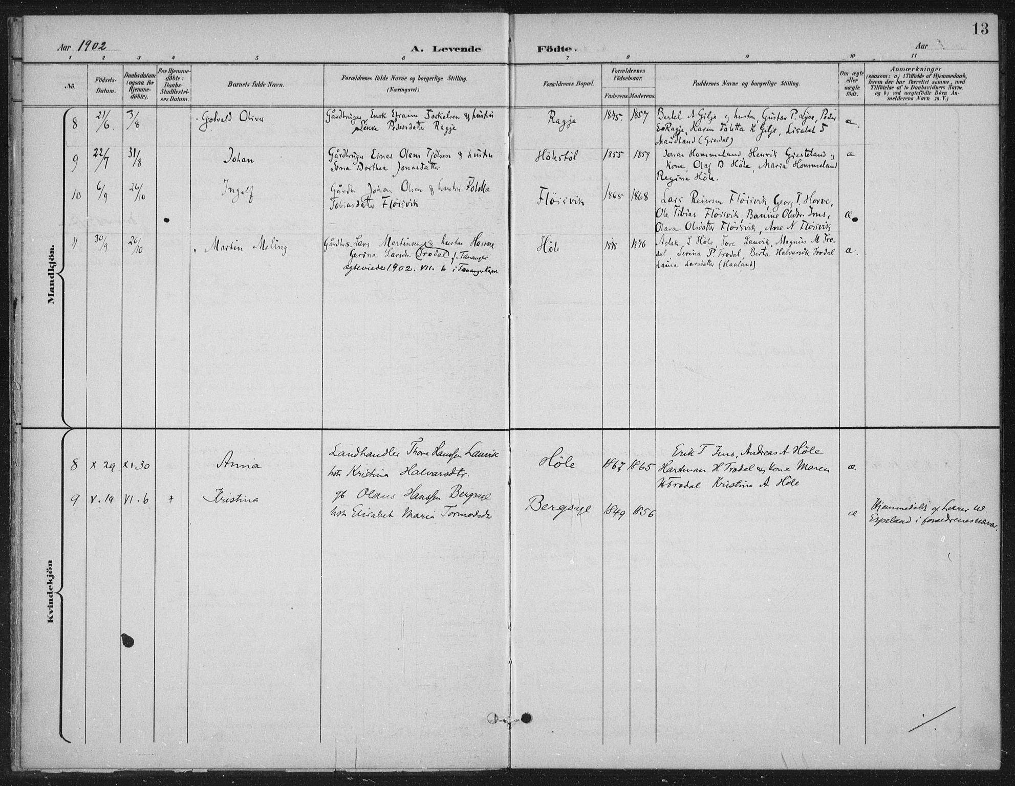 Høgsfjord sokneprestkontor, AV/SAST-A-101624/H/Ha/Haa/L0008: Parish register (official) no. A 8, 1898-1920, p. 13