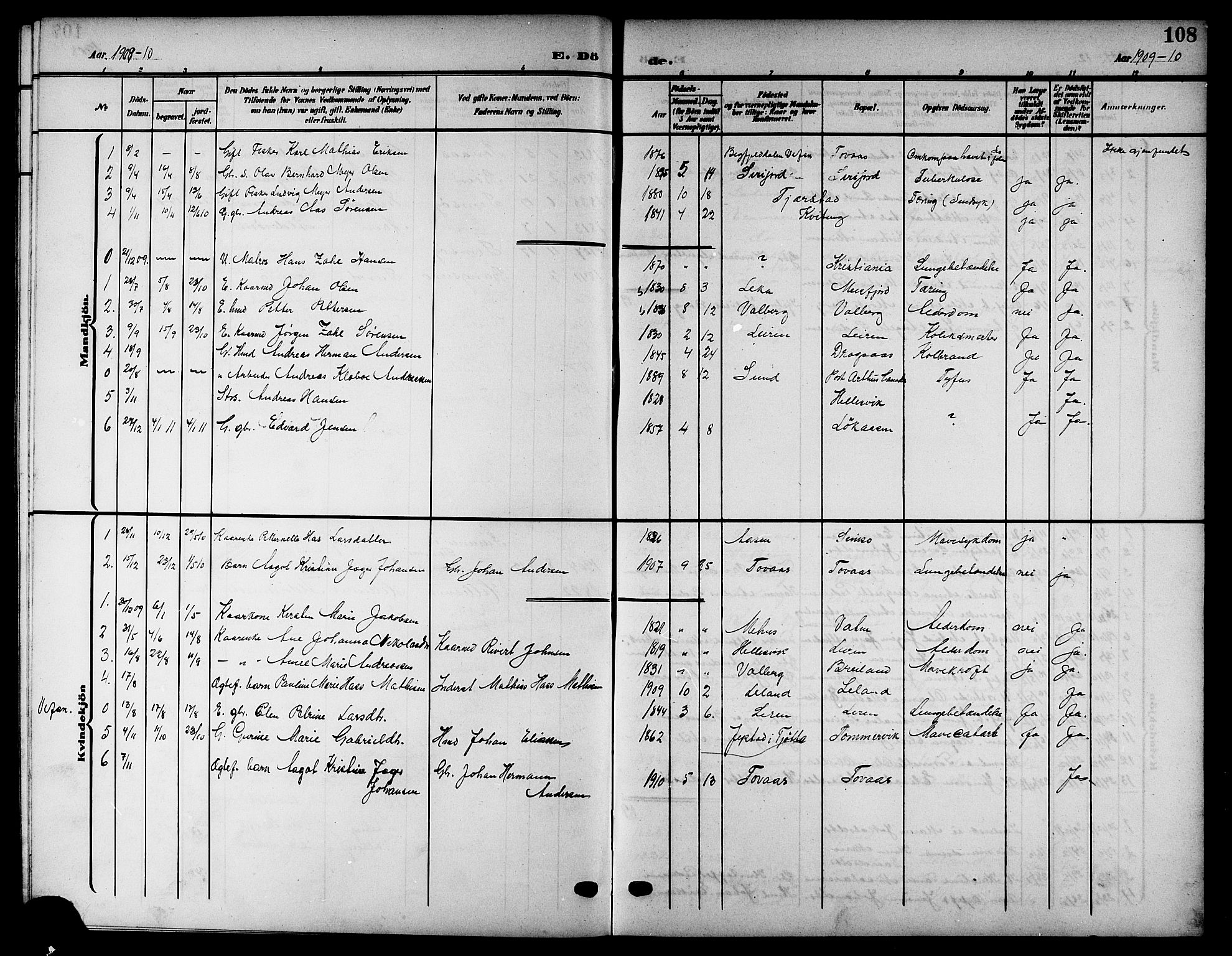 Ministerialprotokoller, klokkerbøker og fødselsregistre - Nordland, SAT/A-1459/832/L0494: Parish register (copy) no. 832C01, 1906-1922, p. 108