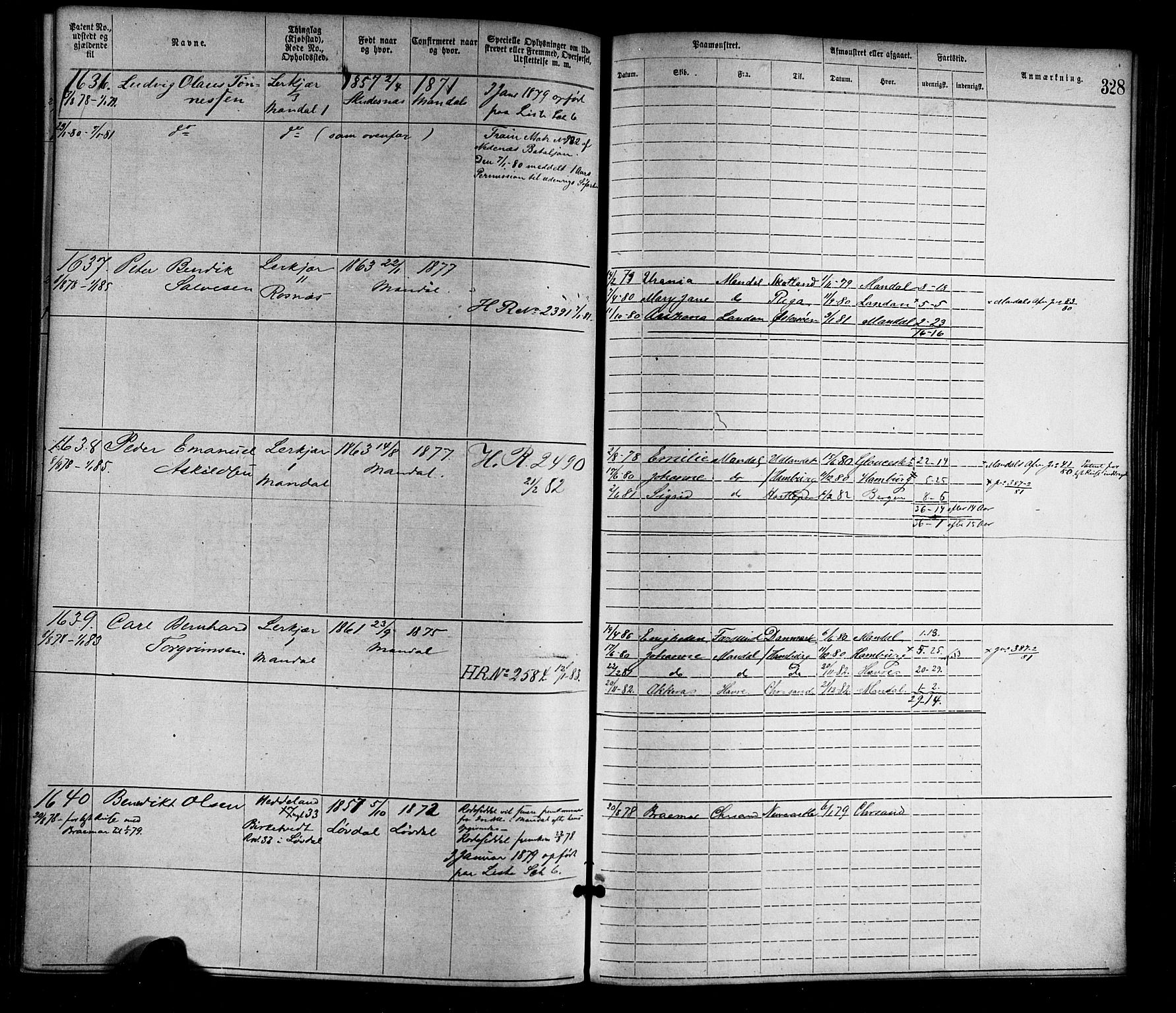 Mandal mønstringskrets, AV/SAK-2031-0016/F/Fa/L0001: Annotasjonsrulle nr 1-1920 med register, L-3, 1869-1881, p. 366