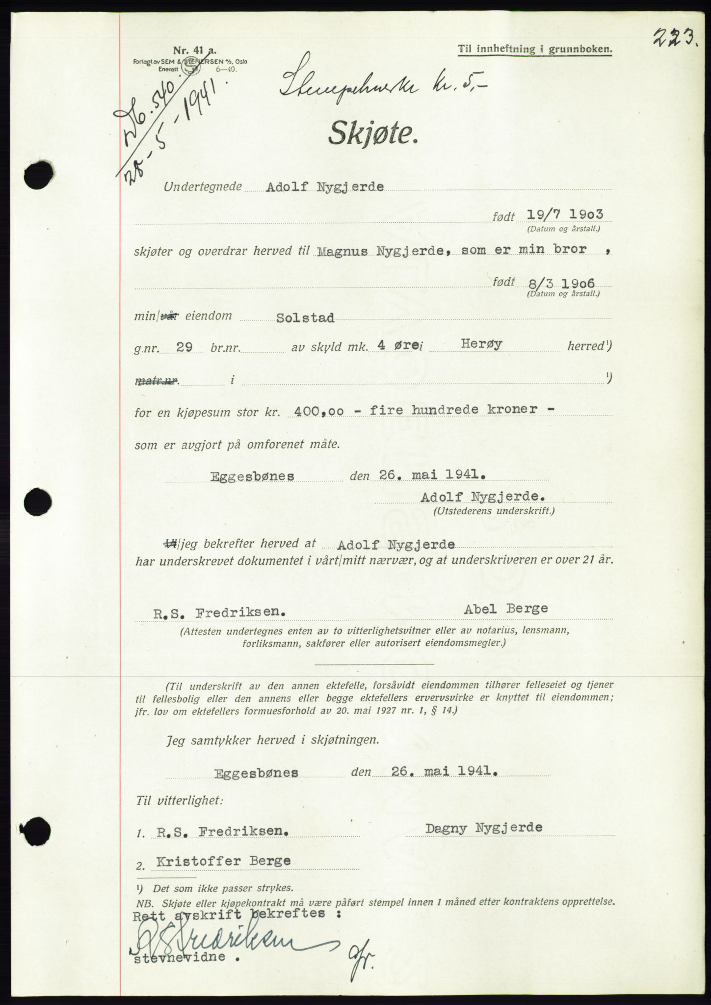 Søre Sunnmøre sorenskriveri, AV/SAT-A-4122/1/2/2C/L0071: Mortgage book no. 65, 1941-1941, Diary no: : 540/1941