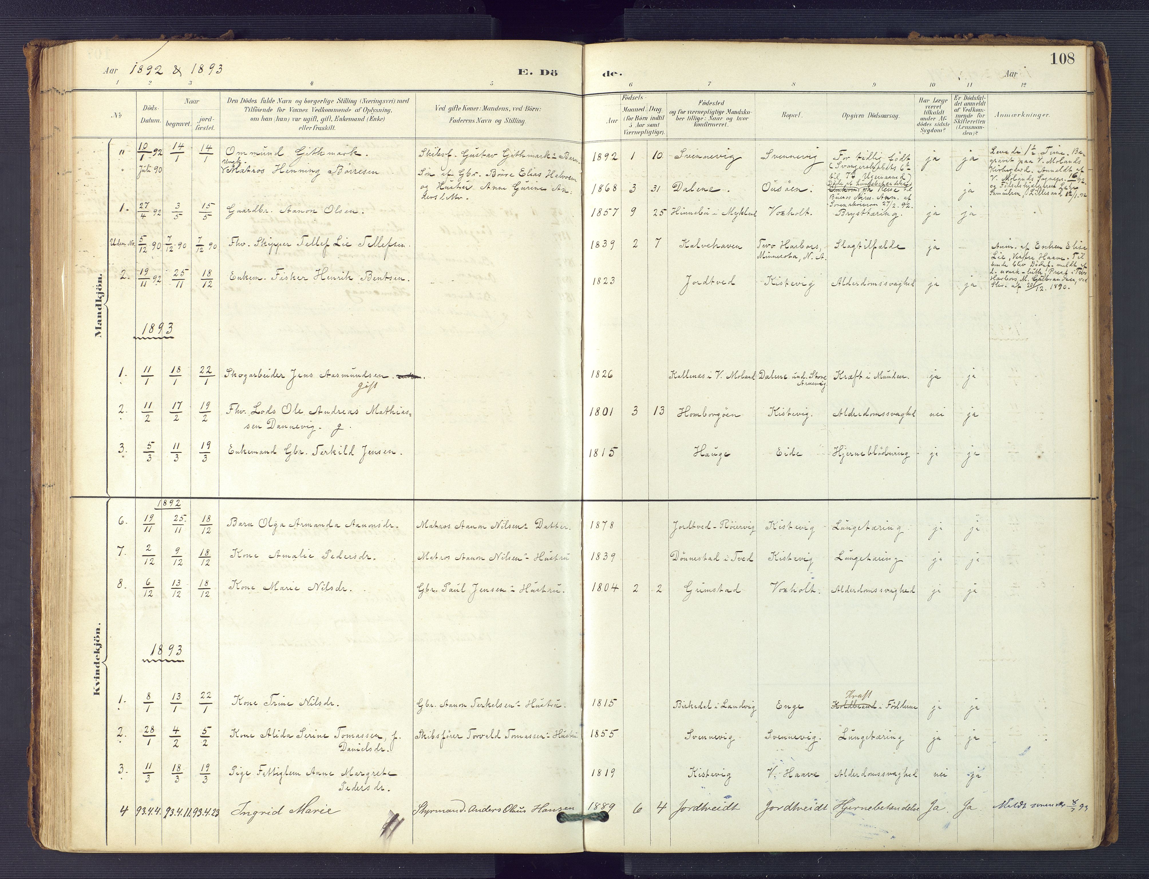 Hommedal sokneprestkontor, SAK/1111-0023/F/Fa/Faa/L0003: Parish register (official) no. A 3, 1885-1916, p. 108