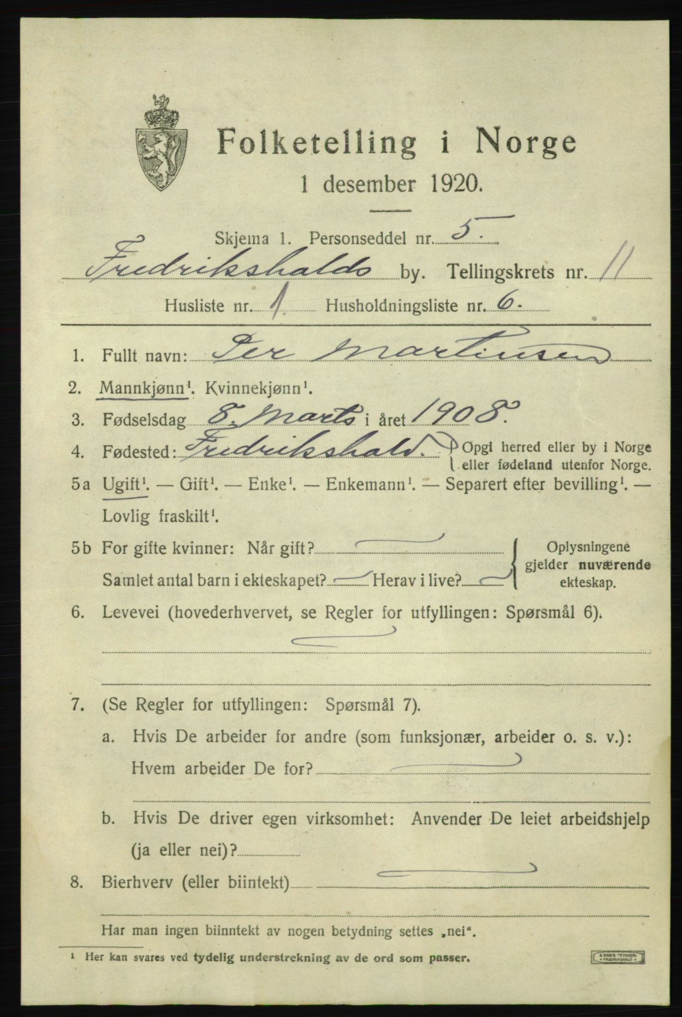 SAO, 1920 census for Fredrikshald, 1920, p. 18765