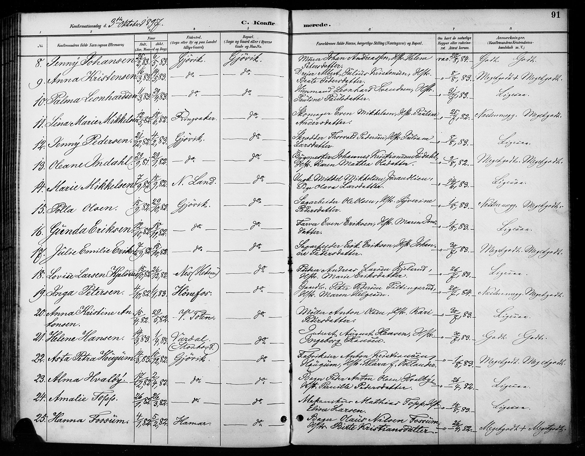 Vardal prestekontor, SAH/PREST-100/H/Ha/Haa/L0011: Parish register (official) no. 11, 1891-1901, p. 91