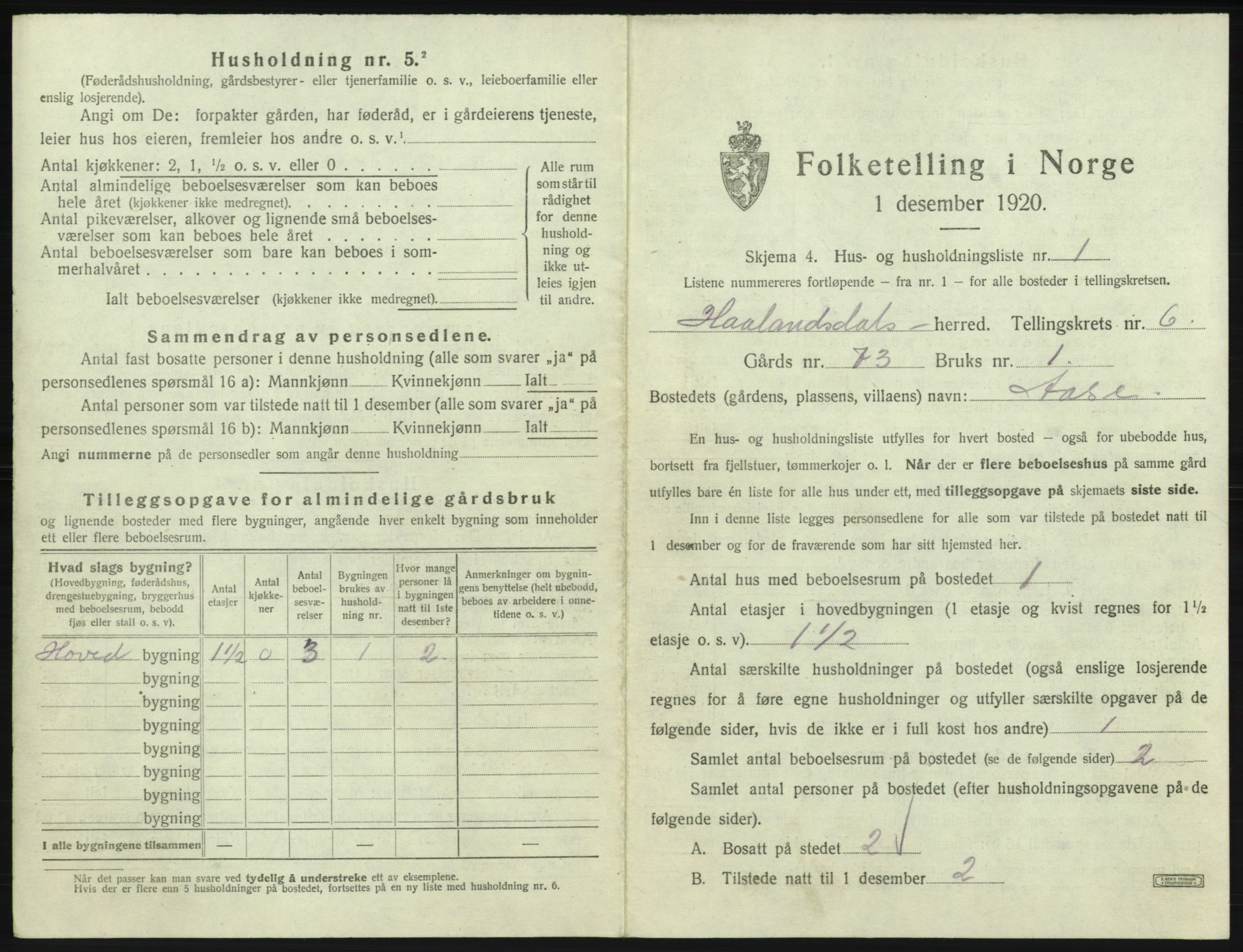 SAB, 1920 census for Hålandsdal, 1920, p. 190